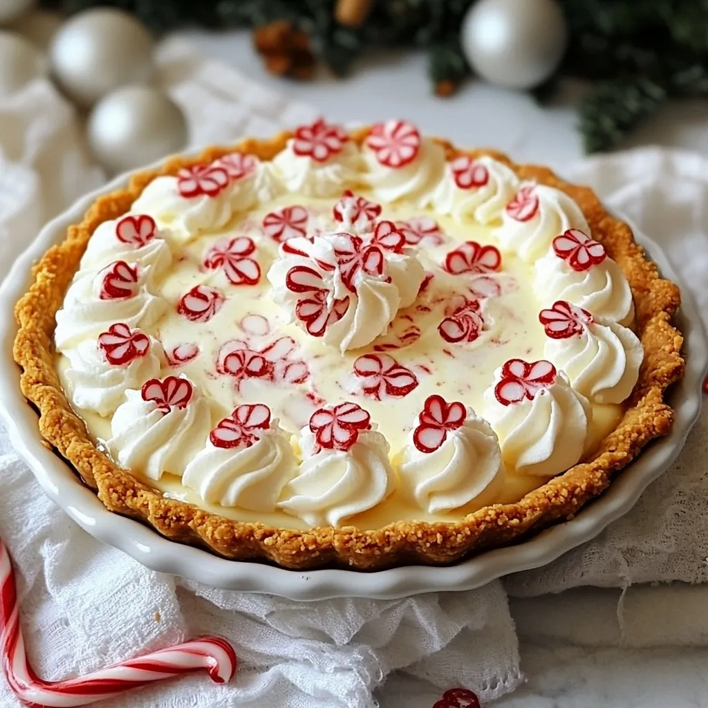 To make your Peppermint Christmas Cream Pie, gather these items: - 1 pre-made graham cracker crust - 1 cup heavy whipping cream - 1/2 cup powdered sugar (for whipped cream) - 1 teaspoon vanilla extract - 1/2 teaspoon peppermint extract - 8 oz cream cheese, softened to room temperature - 1 cup powdered sugar (for filling) - 1/4 cup crushed peppermint candies (plus extra for garnish) - Whipped cream for topping - Whole peppermint candies for garnish You can easily swap some ingredients if needed. Here are a few ideas: - Instead of heavy whipping cream, use coconut cream for a dairy-free option. - For a different sweetener, try granulated sugar instead of powdered sugar. - If you don’t have peppermint extract, use almond extract for a new flavor twist. To whip up this festive pie, you will need: - Medium mixing bowl - Large mixing bowl - Electric mixer - Spatula - Plastic wrap or aluminum foil - Serving dish for the pie {{ingredient_image_2}} To start, grab a medium mixing bowl. Add 1 cup of heavy whipping cream, 1/2 cup of powdered sugar, and 1 teaspoon of vanilla extract. Use an electric mixer on medium speed. Whip this mixture until soft peaks form, which takes about 3 to 5 minutes. Once you see those peaks, set the whipped cream aside. This will add lightness to your pie. Next, take a large mixing bowl and place 8 oz of softened cream cheese in it. Beat the cream cheese with your electric mixer. Mix until it is creamy and smooth, which should take about 2 minutes. Gradually add in 1 cup of powdered sugar and 1/2 teaspoon of peppermint extract. Keep mixing until everything is well blended and there are no lumps. Now it’s time to combine the mixtures. Carefully fold the whipped cream into the cream cheese mixture using a spatula. Start by adding one-third of the whipped cream first. This lightens the mixture. Then, gently fold in the rest of the whipped cream. This keeps the mix airy. Once combined, fold in 1/4 cup of crushed peppermint candies. This adds a fun crunch and festive flavor. Pour the peppermint cream filling into your pre-made graham cracker crust. Use a spatula to smooth the top into an even layer. Now, cover the pie with plastic wrap or aluminum foil. Place it in the refrigerator for at least 4 hours. For the best taste and texture, leave it overnight. This chilling time helps the flavors meld together beautifully. To make great whipped cream, start with cold tools. Chill your bowl and beaters for a few minutes. Use heavy whipping cream for the best results. Add powdered sugar and vanilla for sweetness and flavor. Whip on medium speed until soft peaks form, which takes about 3-5 minutes. Don’t overbeat it! You want it fluffy, not grainy. Soften your cream cheese before mixing. Leave it out for about 30 minutes. This makes it easier to blend. Use an electric mixer to beat it until creamy, about 2 minutes. Add powdered sugar and peppermint extract slowly. Mix until the cream cheese is smooth and free of lumps. This step is key for a silky filling. Chill your pie for at least 4 hours, but overnight is better. This helps the flavors meld and the filling to set. Cover the pie with plastic wrap or foil to keep it fresh. When ready to serve, top with fresh whipped cream. Garnish with whole and crushed peppermint candies for a festive touch. This adds flavor and looks pretty, too! Pro Tips Chill Your Bowl: For even fluffier whipped cream, chill your mixing bowl and beaters in the refrigerator for about 15 minutes before whipping the cream. Room Temperature Cream Cheese: Ensure your cream cheese is at room temperature to make it easier to mix and prevent lumps in your filling. Garnish Wisely: Use fresh peppermint leaves or chocolate shavings as an alternative garnish for an elegant look and extra flavor. Extra Peppermint Crunch: For an added texture, reserve some crushed peppermint candies to sprinkle on top just before serving to maintain their crunch. {{image_4}} You can switch up the crust for more fun. A chocolate cookie crust adds a rich taste. A vanilla wafer crust brings a nice crunch. You can also try a nut crust for a unique twist. Each choice adds different flavors that mix well with the creamy filling. While peppermint is a classic, you can play with other extracts too. Try using almond extract for a sweet touch. A hint of orange extract gives it a bright twist. You could even use coconut extract for a tropical flair. These small changes can make your pie feel fresh and new. Get creative with your toppings to make the pie stand out. Instead of just whipped cream, add a layer of chocolate ganache. Crushed cookies or nuts on top can add texture. Fresh berries can bring a burst of color and flavor. Experimenting with toppings can make each pie feel special and festive. To store leftover peppermint Christmas cream pie, cover it tightly. Use plastic wrap or aluminum foil. This keeps the pie fresh and prevents it from absorbing other smells in the fridge. Make sure to store it in the fridge. The cool air will help maintain its creamy texture. You can freeze the pie if you have extra. First, chill it completely in the fridge. Once chilled, cover it well with plastic wrap and then with aluminum foil. This double layer will protect it from freezer burn. You can freeze the pie for up to a month. When you're ready to eat it, let it thaw in the fridge overnight. The peppermint Christmas cream pie lasts about 3 to 4 days in the fridge. For the best taste, eat it within two days. If you notice any color change or strange smell, it's best to toss it. Always use clean utensils when serving to avoid contamination. This way, you can enjoy every creamy slice! Yes, you can make Peppermint Christmas Cream Pie in advance. I recommend making it the day before your event. This allows the flavors to mix well and the pie to set properly. After you fill the crust, cover it with plastic wrap or foil. Refrigerate it for at least four hours. For the best taste, let it chill overnight. If you need a substitute for heavy whipping cream, you have options. You can use coconut cream, which gives a nice flavor. Using whole milk with butter is another option. Mix 3/4 cup of whole milk with 1/4 cup of melted butter. This will work well in your recipe. To ensure your pie sets properly, focus on chilling it long enough. The cream cheese mixture needs time to firm up. Make sure to mix the cream cheese until smooth with no lumps. Also, folding in the whipped cream gently keeps the light texture. Follow the chilling instructions closely for the best results. You learned all about making Peppermint Christmas Cream Pie. We went through the ingredients, step-by-step instructions, and helpful tips. You now know how to make variations and store leftovers too. This pie is a fun way to celebrate the holidays. With a few simple steps, you can create a tasty treat for family and friends. Enjoy making this pie, and share it with those you love. Your cooking skills will shine through!