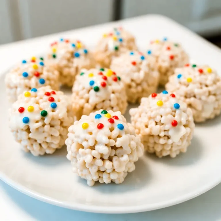 - 4 cups Rice Krispies cereal - 1 cup mini marshmallows - 1/4 cup unsalted butter - 10 oz white chocolate chips - 1/2 cup creamy peanut butter - 1/2 teaspoon vanilla extract - 1 cup colorful sprinkles White Chocolate Rice Krispie Balls are fun and easy to make. You will love how simple the ingredients are. The Rice Krispies cereal gives a nice crunch. The mini marshmallows add sweetness and softness. Unsalted butter helps everything stick together. White chocolate chips are key for that creamy, dreamy coating. Creamy peanut butter brings richness and flavor. A touch of vanilla extract gives it a warm aroma. Colorful sprinkles make these treats pop with color, making them perfect for any occasion. These ingredients blend to create a treat that looks good and tastes amazing. You can even switch up some ingredients if you want. Just remember, the balance of flavors is important. {{ingredient_image_2}} 1. Melting the butter Start by placing the unsalted butter in a large saucepan. Heat it over medium heat. Stir occasionally to prevent it from burning. Wait until the butter is fully melted and smooth. 2. Adding and melting marshmallows Once the butter melts, add the mini marshmallows to the pan. Keep stirring until the marshmallows melt and blend with the butter. You want a smooth and creamy mixture. 3. Incorporating peanut butter and vanilla Remove the pan from the heat. Quickly mix in the creamy peanut butter and the vanilla extract. Stir until everything combines well into a smooth mix. 1. Folding in Rice Krispies Gradually fold in the Rice Krispies cereal. Gently stir to coat each piece of cereal with the marshmallow mixture. Be careful not to crush the cereal. 2. Shaping the mixture Let the mixture cool for a few minutes. When it is cool enough to handle, grease your hands with butter or spray. Form small balls about 1-2 inches wide. 3. Placing on baking sheet Place each ball on a baking sheet lined with parchment paper. Make sure they are spaced out to avoid sticking. 1. Melting white chocolate In a microwave-safe bowl, melt the white chocolate chips. Heat them in 20-30 second intervals. Stir after each interval until the chocolate is smooth and creamy. 2. Dipping the balls Dip each Rice Krispie ball into the melted white chocolate. Roll it around to ensure it gets fully coated. Return the coated balls to the parchment paper. 3. Adding sprinkles decoration While the white chocolate is still warm, sprinkle colorful sprinkles on top of each ball. This adds a fun and festive touch. Let the chocolate set at room temperature or refrigerate for about 30 minutes until hard. Enjoy your delightful sweet treat! To ensure a smooth chocolate coating, melt the white chocolate carefully. Use a microwave in short bursts. Stir in between to avoid burning. This lets the chocolate melt evenly. Handling the mixture safely is key. After mixing the Rice Krispies, let it cool a bit. This makes it easier to form balls without burning your hands. Adjusting sweetness levels is simple. If you want less sweet, cut back on white chocolate. You can also use dark chocolate for a richer taste. For decorative serving suggestions, use a fun platter. A bright color will make your treats stand out. Arrange the Rice Krispie balls in a circle or in rows. Using themed sprinkles adds a special touch. For holidays, choose sprinkles that match the season. For a birthday, go with bright and colorful options. Ideas for platter arrangements can include clusters. Group the balls in small bunches. This creates a festive look. You can also sprinkle extra colorful sprinkles around the platter for flair. Pro Tips Use Fresh Ingredients: Always use fresh mini marshmallows and chocolate chips for the best flavor and texture in your Rice Krispie balls. Grease Hands for Shaping: To prevent the mixture from sticking, make sure to grease your hands with butter or non-stick spray while shaping the balls. Experiment with Toppings: Feel free to get creative with your toppings! Try crushed nuts, coconut flakes, or different types of sprinkles for a unique twist. Store Properly: Keep the Rice Krispie balls in an airtight container at room temperature for up to a week for optimal freshness. {{image_4}} You can change up your White Chocolate Rice Krispie Balls in fun ways. Here are some ideas: - Adding different types of nut butter: You can swap peanut butter for almond or cashew butter. This gives a new taste and can change the texture a bit. Each nut butter adds a unique flavor. - Incorporating flavored extracts: Try adding a bit of almond or coconut extract. Just a few drops can change the whole flavor of your treats. Experiment to find your favorite! - Including dried fruits or nuts: Add some chopped dried fruits like cranberries or apricots. You can also mix in chopped nuts for extra crunch. This makes your Rice Krispie balls more interesting and fun to eat. If you need to make changes for diet reasons, here are some options: - Gluten-free options: Rice Krispies are often gluten-free, but check the box to be sure. This makes your treat safe for those with gluten issues. - Vegan alternatives: You can use vegan butter and dark chocolate chips instead of white chocolate. This way, you keep it plant-based and still delicious! - Sugar-free variations: Use sugar-free chocolate chips and sugar substitutes in place of regular sugar. This makes a sweet treat that fits a low-sugar diet. These variations let you customize your Rice Krispie balls. Enjoy making them just the way you like! - Room temperature storage: You can keep these Rice Krispie balls in an airtight container at room temperature. They stay fresh for about two days. Make sure they are cool before sealing. - Refrigeration tips: If you want them to last longer, put them in the fridge. They stay good for up to a week this way. Just remember to store them in a sealed container to avoid drying out. - Freezing instructions: To freeze, place the balls in a single layer in an airtight container. They can last up to three months in the freezer. When ready to eat, let them thaw in the fridge overnight. - How long they last: At room temperature, the Rice Krispie balls last about two days. In the fridge, they last up to a week. In the freezer, they can stay fresh for three months. - Signs of spoilage: If the balls become hard or dry, they might be past their prime. Also, if you see any mold or an off smell, it’s time to toss them. Always trust your senses when it comes to food safety. Can I use a different type of chocolate? Yes, you can use milk or dark chocolate. Each type will change the flavor. Milk chocolate is sweeter, while dark chocolate adds richness. Try different types to find your favorite. How do I make the balls without peanut butter? You can replace peanut butter with almond butter or sunbutter. For a nut-free option, use a seed butter. The texture will remain similar and still taste great! Can I add other mix-ins to the recipe? Absolutely! You can add mini chocolate chips, dried fruit, or nuts. Be creative! Just make sure not to add too many, or the balls might fall apart. Why are my balls falling apart? Your mixture may be too dry or not mixed well. Make sure all ingredients combine fully. If it’s too crumbly, you can add a bit more melted butter or marshmallows. How can I fix chocolate that won’t melt? If chocolate gets lumpy, it may have overheated. Try adding a teaspoon of oil to smooth it out. Melt in shorter bursts next time to prevent this. What’s the best way to clean up sticky pans? Soak your pans in warm soapy water. This helps loosen the sticky bits. Using a non-stick spray next time can help prevent this issue. You can create delicious Rice Krispie balls using simple ingredients and steps. We covered the main ingredients, from Rice Krispies to colorful sprinkles. I explained the preparation, shaping, and coating for a sweet treat. Tips for perfecting your recipe and fun variations give you ways to customize. Store them easily and enjoy them longer. Whether you want to impress guests or treat yourself, this fun snack is simple and enjoyable. Get ready to make your own tasty Rice Krispie balls!