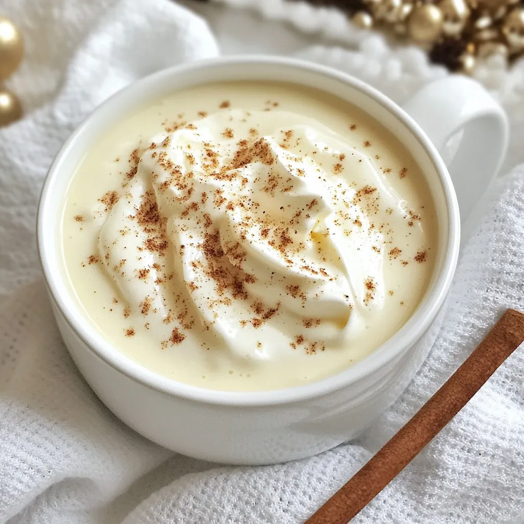 To make a delicious eggnog punch, you need the following key ingredients: - 4 cups whole milk - 1 cup heavy cream - 4 large eggs - 1 cup granulated sugar - 1 teaspoon pure vanilla extract - 1 teaspoon freshly grated nutmeg - 1/2 teaspoon ground cinnamon - 1/4 cup pure maple syrup - Whipped cream for topping - Extra grated nutmeg for garnish These ingredients come together to create a rich and creamy drink that warms the heart. You can customize your eggnog punch with these optional ingredients: - A splash of bourbon or rum for an adult twist - Vanilla bean for a stronger vanilla flavor - Other spices like cloves or allspice for extra warmth - Chocolate shavings for a fun chocolatey touch Feel free to experiment with flavors that suit your taste! If you need to swap out some ingredients, here are some common substitutes: - Almond milk or oat milk instead of whole milk for a dairy-free option - Coconut cream for a dairy-free heavy cream - Honey or agave syrup instead of granulated sugar for a natural sweetener These swaps can help you enjoy a tasty eggnog punch no matter your dietary needs! {{ingredient_image_2}} Start by grabbing a large mixing bowl. Add four large eggs. Whisk them hard for 2-3 minutes. You want them frothy and light in color. Next, add one cup of granulated sugar. Keep whisking until it blends well. The mixture should be smooth and creamy. Now, let's heat the milk and cream. In a medium saucepan, combine four cups of whole milk and one cup of heavy cream. Add one teaspoon of pure vanilla extract and one teaspoon of freshly grated nutmeg. Don’t forget a half teaspoon of ground cinnamon. Stir it all together over medium heat. Warm it until you see steam but don’t let it boil. After that, we need to combine the warm milk with the egg mixture. Take the warm milk mix and slowly pour it into the egg mixture. As you do this, whisk constantly. This step is very important. It helps prevent the eggs from scrambling. Next, pour the combined mixture back into the saucepan. Cook it over low heat while stirring gently. You want it to thicken, which takes about 5-7 minutes. The mixture should coat the back of a spoon when it’s ready. Once thickened, take it off the heat. Stir in a quarter cup of pure maple syrup until it's well mixed. Let this cool at room temperature. Then, put it in the fridge to chill for at least one hour. When you are ready to serve, pour the chilled eggnog into festive punch bowls or glasses. Top each with whipped cream. Add a sprinkle of extra grated nutmeg for that special touch. Enjoy your creamy delight! To make your eggnog punch smooth, whisk the eggs well. This step adds air and lightness. When mixing in the sugar, keep whisking until you see no lumps. For the milk mixture, heat it gently. You want it warm, not boiling. This helps it blend well with the eggs. As you combine the mixtures, pour slowly while whisking. This keeps the eggs from cooking too fast. The final mixture should be thick enough to coat the back of a spoon. Adding maple syrup gives a sweet touch that enhances the flavor. Presentation matters, especially for festive gatherings. Use beautiful punch bowls for a charming display. Pour the eggnog into individual glasses for a personal touch. Add whipped cream on top for richness. For extra flair, sprinkle more nutmeg over the cream. You can also include cinnamon stick stirrers. They add a nice visual and flavor boost. Consider garnishing with a few cranberries or mint leaves for color. These small touches make your eggnog punch stand out. Serve the eggnog punch chilled for the best taste. After chilling, stir it gently before serving. This ensures even distribution of flavors. Use a ladle to pour the punch into glasses. This keeps the mess down. If you have leftovers, store them in the fridge. Make sure to cover the bowl or pitcher. This keeps it fresh and tasty for a few days. Always give it a quick stir before serving again. Pro Tips Use Fresh Nutmeg: Grate nutmeg fresh from the whole nut for the best flavor. Pre-ground nutmeg doesn't have the same aromatic qualities. Chill Thoroughly: Allow the eggnog to chill for at least an hour. This resting period lets the flavors meld together beautifully. Adjust Sweetness: Feel free to adjust the amount of maple syrup and sugar to your taste. You can make it sweeter or less sweet based on your preference. Presentation Matters: Serve in elegant glassware and consider adding festive garnishes like cinnamon sticks or star anise for a beautiful touch. {{image_4}} You can easily make a non-alcoholic version of eggnog punch. Just skip the alcohol. The rich, creamy base is still delicious. Use the same ingredients, and follow the same steps. The flavors feel festive without the buzz. Serve it in festive glasses for all ages to enjoy. Feel free to spice up your eggnog punch. Adding extra spices can create unique flavors. Try a pinch of cardamom or ginger for warmth. You can also use flavored extracts like almond or hazelnut. Even a splash of orange juice adds a bright touch. Get creative and mix to your taste! If you want to enhance the punch, consider different alcohols. Rum is a classic choice, but whiskey works great too. For a twist, use spiced rum or coconut rum. You can also add a splash of coffee liqueur for depth. Just remember to adjust the amount of milk to balance the flavors. After you enjoy your eggnog punch, store any leftovers in a clean container. Use an airtight container to keep flavors fresh. Make sure to cool it completely before putting it in the fridge. This step prevents bacteria from growing. Label the container with the date to track freshness. For the best taste, chill your eggnog punch before serving. Cover it with plastic wrap or a lid while in the fridge. This keeps it cold and prevents other smells from mixing in. If you want it colder faster, place the container in an ice bath for 20-30 minutes. Stir it gently to help it chill evenly. Homemade eggnog punch lasts about 3-5 days in the fridge. Keep an eye on it for any changes in smell or texture. If you see any signs of spoilage, it is best to toss it out. Always trust your senses. For longer storage, you can freeze it, but the texture might change once thawed. Serve eggnog punch in festive bowls or glasses. Use whipped cream on top for extra creaminess. A sprinkle of nutmeg adds a nice touch. For fun, add cinnamon sticks as stirrers. These small details make a big difference in presentation. Yes, you can make eggnog punch ahead of time. Prepare it and chill it in the fridge for at least one hour. The flavors will blend nicely as it sits. Just give it a good stir before serving. Eggnog punch can be safe for children. If you skip any alcohol, it’s a tasty treat for all ages. The creamy mixture and spices will delight kids. Always check for any allergies before serving. You can keep homemade eggnog in the fridge for up to three days. Make sure to store it in a sealed container. If you notice any off smells or changes, it’s best to discard it. Freezing eggnog punch is not ideal. The texture may change once thawed. If you want to make it ahead, store it in the fridge instead. For best flavor and texture, serve fresh. This blog post covered how to make a tasty Eggnog Punch Cocktail. You learned the key ingredients, step-by-step prep, and tricks for great flavor. We explored fun variations, storage tips, and answered common questions. Remember, you can customize your drink to fit your taste. Whether you want it boozy or not, eggnog can be for everyone. Enjoy making it for friends and family this season!