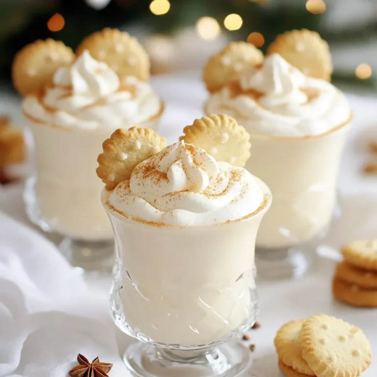 - 2 cups eggnog - 1/2 cup heavy cream - 1/4 cup powdered sugar - 1 teaspoon vanilla extract - 1/2 teaspoon ground nutmeg - 1/4 teaspoon ground cinnamon - Crushed graham crackers for rimming glasses - Mini sugar cookies for garnish For eggnog, I recommend using a brand like Promised Land or Organic Valley. These brands provide rich, creamy eggnog that enhances the drink's flavor. For heavy cream, look for brands like DairyPure or Horizon Organic for quality. They whip up nicely and add great texture. For powdered sugar, any brand such as Domino or C&H works well and dissolves easily. Always buy fresh ingredients. Check the expiration dates on your eggnog and heavy cream. For the best flavor, use freshly grated nutmeg if possible. It adds a more robust taste compared to pre-ground nutmeg. Store your heavy cream in the coldest part of your fridge, and use it before it goes bad. Keep your sugar cookies in an airtight container to maintain their crispness until you're ready to use them. {{ingredient_image_2}} First, let's make those cocktail glasses look special. Grab your eggnog and moisten the rim of each glass lightly. Use just enough eggnog to make it sticky. Next, take a plate of crushed graham crackers. Dip the wet rim into the crumbs. Turn the glass slowly until the edge is covered well. This will give your drink a sweet touch. Set the glasses aside to let the rim stick. Now, it's time to whip the cream. Take a mixing bowl and pour in the heavy cream. Start with a hand mixer on low speed. Beat the cream until it starts to thicken. After that, raise the speed to medium. Keep mixing until you see soft peaks. Slowly add the powdered sugar while you mix. Keep beating until you reach stiff peaks. When done, set the whipped cream aside carefully. Next, we’ll mix the cocktail. In a large pitcher, pour in the eggnog. Add the vanilla extract, ground nutmeg, and ground cinnamon. Use a whisk or wooden spoon to stir everything well. Make sure all the flavors blend together. Now, take the whipped cream and fold it into the eggnog mix. Use a spatula and gently lift the whipped cream from the bottom. Keep folding until everything is just combined. This keeps the drink light and fluffy. Now, it's ready to serve! To make the best whipped cream, start with cold heavy cream. Cold cream whips up better. Use a clean bowl and beaters for best results. Mix on low speed at first to avoid splatters. Gradually increase to medium speed. Once soft peaks form, add powdered sugar slowly. This adds sweetness and helps stabilize the cream. Stop mixing when you see stiff peaks. This keeps your cream fluffy and light. Overmixing whipped cream can turn it into butter. To prevent this, watch the texture closely. Stop mixing as soon as stiff peaks form. Fold the whipped cream into the eggnog mixture gently. Use a spatula and scoop from the bottom. Lift it over without stirring too hard. This keeps your drink airy and creamy, just like a cloud. To make this cocktail even more fun, try adding flavors. A splash of peppermint extract gives a festive twist. You can also use flavored eggnog, like vanilla or chocolate. For a spiced kick, add a pinch of ginger or cardamom. Experiment with toppings too! Crushed candy canes or chocolate shavings add a sweet crunch. Get creative and make this drink your own! Pro Tips Perfect Whipped Cream: Make sure your heavy cream is very cold for the best results. Chill your mixing bowl and beaters in the freezer for about 10 minutes before whipping. Graham Cracker Rim: For an extra flavorful rim, consider adding a pinch of cinnamon or nutmeg to the crushed graham crackers before rimming the glasses. Eggnog Variations: Feel free to experiment with flavored eggnog or even add a splash of bourbon or rum for an adult twist on this delightful treat. Presentation Matters: To elevate the visual appeal, use clear glasses to showcase the creamy layers and garnish each drink with a sprinkle of nutmeg or cinnamon. {{image_4}} You can easily adjust this drink to fit your taste. For the alcoholic version, add a splash of rum or whiskey. This will give the drink a warm, cozy feel. If you prefer a non-alcoholic option, just skip the alcohol. The eggnog alone is creamy and rich enough to stand out. You can also play around with flavors. For a peppermint twist, mix in some peppermint extract. Use just a drop or two, as it can be strong. For a chocolate version, add chocolate syrup to the eggnog. This change gives the drink a sweet, indulgent taste. Get creative and find the flavor that excites your palate. Garnishes can make your cocktail look festive. Use crushed candy canes for a holiday touch. You can also sprinkle cocoa powder or extra nutmeg on top. Mini sugar cookies are perfect for a sweet finish. They add a fun touch and pair well with the drink. Choose garnishes that match the flavor you’re going for. If you have extra Sugar Cookie Eggnog Cocktail, store it in the fridge. Use an airtight container to keep it fresh. It’s best to drink it within two days. The whipped cream may lose its fluffiness over time, so enjoy it soon! To keep your glass rims looking great, do not wash them right away. Instead, let them sit for a little while. If you need to clean them, use a damp cloth. Avoid soaking them in water as it can ruin the graham cracker rim. You might have leftover ingredients like eggnog or heavy cream. Store eggnog in its original container and refrigerate it. Heavy cream can last up to a week in the fridge. For graham crackers, keep them in a sealed bag to maintain crispness. Always check for freshness before using. Yes, you can make this cocktail ahead of time. Mix the eggnog, vanilla, nutmeg, and cinnamon together. Store this mixture in the fridge. Just before serving, fold in the whipped cream. This keeps the drink light and fluffy. Avoid mixing it too early to keep the texture nice. Rum and bourbon work great with this cocktail. They add warmth and depth to the flavors. Vodka is another option if you prefer a lighter taste. Choose what you like best. Remember, always drink responsibly and enjoy every sip! To make this cocktail dairy-free, swap the eggnog for almond or coconut eggnog. Use coconut cream instead of heavy cream for whipping. This keeps the drink creamy and delicious. Adjust the flavors to your taste, and enjoy your dairy-free delight! This blog post covered key parts to making a great Sugar Cookie Eggnog Cocktail. You learned about the right ingredients, brands, and tips for freshness. I shared step-by-step instructions for preparation, mixing, and whipping. We explored tips for whipped cream and flavor variations too. You can even adapt the recipe for seasonal garnishes or make it non-alcoholic. In the end, these ideas help you create a delicious drink. Enjoy your cocktails and share them with friends!