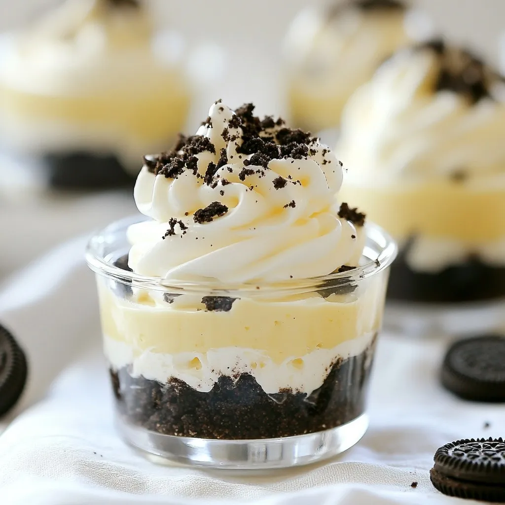 Creating No-Bake Oreo Cheesecake Cups is simple and fun. Here’s what you need: - 18 Oreo cookies, finely crushed - 4 tablespoons unsalted butter, melted - 1 (8 oz) package cream cheese, softened - 1/2 cup powdered sugar - 1 teaspoon pure vanilla extract - 1 cup heavy whipping cream, chilled - 8 Oreo cookies, roughly chopped (for filling and topping) These ingredients come together to make a rich and creamy dessert. The crushed Oreos form a tasty crust, while the cream cheese and whipped cream create a light filling. The added chopped Oreos give a nice crunch. Each ingredient plays a key role in the flavor and texture of your cheesecake cups. Enjoy gathering these simple items to create a delicious treat! {{ingredient_image_2}} To make the crust, start by mixing 18 finely crushed Oreo cookies with 4 tablespoons of melted butter. Stir until all the crumbs are coated. This should create a sandy texture. It’s important to ensure the butter coats every crumb. This will help hold the crust together when you layer it in the cups. Next, prepare the cheesecake filling. In a large bowl, beat 1 package of softened cream cheese until it’s smooth. This step is key for a creamy filling. Gradually add in 1/2 cup of powdered sugar and 1 teaspoon of pure vanilla extract. Mix until the mixture is fluffy and well blended. The flavor will be rich and inviting. Now, it’s time to whip the cream. In a separate bowl, pour in 1 cup of chilled heavy whipping cream. Use an electric mixer to whip the cream until you see stiff peaks. This usually takes about 2 to 3 minutes. Be careful not to over-whip, as this can make the cream grainy. You want it light and airy. Now, fold the whipped cream into the cream cheese mixture. Use a spatula to gently combine them. This keeps the mixture light. Next, add 8 roughly chopped Oreo cookies to the filling. Fold them in until they’re evenly mixed. This adds bits of cookie throughout the cheesecake. To assemble the cups, spoon about 2 tablespoons of the Oreo crust into the bottom of each cup. Then, add a layer of the cheesecake filling. Repeat this layering process until the cups are filled. Make sure the final layer is the creamy cheesecake filling. This will create a nice look when you serve them. After you assemble the cups, place them in the refrigerator. Chill for at least 4 hours, or until they feel firm to the touch. This step is crucial for the right texture. Before serving, you can garnish each cup with more chopped Oreo cookies. This adds a nice touch and extra crunch. To get the best texture, use room temperature cream cheese. Cold cream cheese will not mix well. This may leave lumps in your filling. Let it sit out for about 30 minutes before mixing. When making whipped cream, use a chilled bowl and beaters. This helps the cream whip faster and get fluffy. Beat the cream until stiff peaks form, which should take about 2-3 minutes. Remember, do not over-whip the cream. If you do, it can turn grainy and separate. Presentation makes a big difference. Use decorative spoons for each cup. This adds a fun touch. You can also sprinkle crushed Oreos on top for a nice look and crunch. If you want to switch up the cups, use small mason jars or dessert glasses. Clear containers let you show off the layers. It makes the dessert even more inviting. One common mistake is over-whipping the cream. If you whip too long, it can turn into butter. Stop once you see stiff peaks. Another mistake is switching ingredient measurements. Use the exact amounts listed in the recipe. Changing them can affect texture and taste. Stick to the recipe for the best results. Pro Tips Use Room Temperature Cream Cheese: Make sure your cream cheese is softened to room temperature for a smoother and creamier cheesecake filling. Cold cream cheese can lead to lumps in your mixture. Chill the Cups Overnight: For the best texture and flavor, try to let the cheesecake cups chill overnight. This allows the flavors to meld and the filling to set perfectly. Experiment with Flavors: Feel free to mix in different flavors of crushed cookies or add a layer of chocolate or caramel sauce for a twist on the classic Oreo taste. Presentation Matters: Consider using clear cups or jars to showcase the beautiful layers of the cheesecake. Adding a decorative spoon and some crushed Oreos on top can elevate the presentation even more. {{image_4}} You can switch up the cookies in this recipe. For a fun twist, try using chocolate chip cookies or peanut butter cookies. Each type adds a unique flavor. If you need a gluten-free option, use gluten-free Oreos or any gluten-free cookie you enjoy. This way, everyone can enjoy these treats! Want to change the taste? You can add chocolate or caramel flavors! Just swirl in some chocolate sauce or caramel sauce into the cheesecake filling. You can also mix in fruit purees. A layer of strawberry or raspberry puree adds a fresh touch. These options make each cup even more exciting! Think about what drinks pair well with these cheesecake cups. A cold glass of milk or hot coffee works great! For a fun twist, serve them with fresh fruit on the side. When you present these cups, try using clear jars. This shows off the layers and looks very pretty. Add a decorative spoon for a cute touch! To keep your No-Bake Oreo Cheesecake Cups fresh, use airtight containers. Glass jars or plastic cups work well. Make sure to cover each container tightly. This helps prevent the cheesecake from absorbing other smells in the fridge. Always place them in the refrigerator right after making them. You can store these cheesecake cups for up to five days in the fridge. Check for changes in color or texture. If the filling looks watery or the crust appears soggy, it’s time to toss them. Always trust your senses! If they smell off or have an unusual texture, it’s best to throw them out. Yes, you can use low-fat cream cheese. However, the texture may change. Low-fat cream cheese can be a bit grainy. It also may not be as rich and creamy as regular cream cheese. This change can affect the overall taste of your cheesecake. If you want a lighter option, try it. Just know the cheesecake might not be as smooth. These cheesecake cups need at least four hours to chill. Chilling helps the filling to set properly. If they do not chill long enough, they can be runny. To get the best results, aim for overnight chilling. This extra time makes the flavors meld well and enhances the taste. You can make these cups ahead of time. They store well in the fridge for up to three days. For the best flavor and texture, make them one day before serving. This allows the flavors to develop nicely. Just cover them tightly to keep them fresh. In this post, I covered how to make delicious Oreo cheesecake cups. You learned about the key ingredients and easy steps. I shared tips to get the best texture and avoid common mistakes. There are also ideas for fun variations and storage tips. With these insights, you can create a tasty dessert. Enjoy making your cheesecake cups for friends and family!