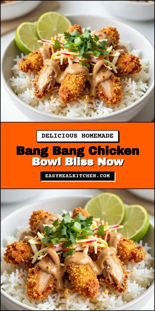 Discover the delicious Bang Bang Chicken Bowl, a perfect blend of flavors in this easy chicken bowl recipe. Featuring tender chicken, crunchy coleslaw, and a creamy peanut sauce recipe, this spicy chicken and rice bowl is sure to impress. Serve it over fragrant jasmine rice for a satisfying meal. Ready in just 30 minutes, it's ideal for busy nights. Try this recipe today and elevate your dinner game! #BangBangChickenBowl #ChickenRecipes #EasyDinner #JasmineRiceRecipes