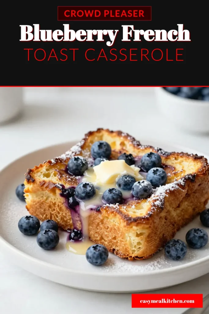 Discover the perfect brunch dish with this delicious Blueberry French Toast Casserole! Made with buttery brioche bread, fresh blueberries, and simple ingredients, this easy brunch recipe is a crowd-pleaser. Prepare it the night before for a hassle-free morning with our Overnight Blueberry Casserole. Enjoy a delightful Breakfast Casserole with Blueberries that you and your guests will love! Save this recipe to impress at your next gathering! #BrunchIdeas #BlueberryCasserole #BreakfastRecipes #EasyRecipes