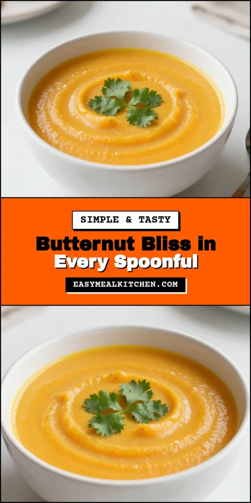 Savor the flavors of fall with this creamy butternut squash soup recipe! Packed with wholesome ingredients, this vegan butternut squash soup features coconut milk for a rich, velvety texture. Perfect as a healthy fall soup recipe, it's easy to make and deliciously satisfying. Enjoy a warm bowl today and share the joy of this comforting creamy vegetable soup recipe with family and friends! Pin this recipe now! #ButternutSquashSoup #VeganRecipes #HealthySoup #FallCooking