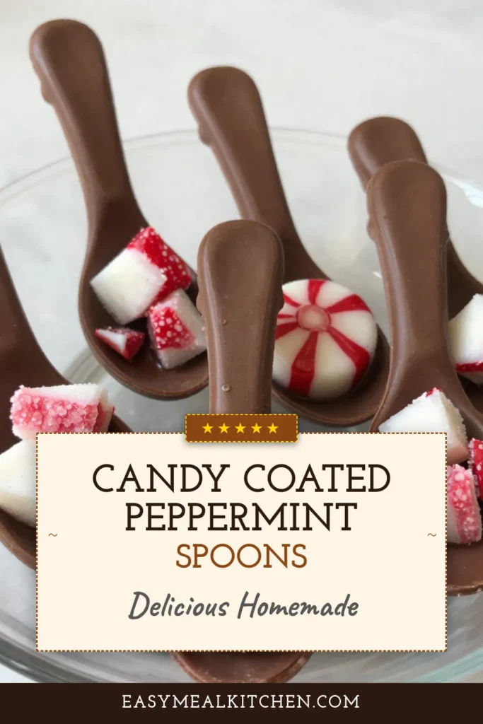 Delight in the fun of making homemade peppermint candy spoons! This easy holiday treat recipe combines crushed peppermint candies and chocolate for a festive peppermint dessert that's perfect for gifting or serving at parties. With just a few simple ingredients, you can create beautiful chocolate-dipped spoons that everyone will love. Try this peppermint candy spoons recipe today! #PeppermintCandySpoons #HolidayTreatRecipe #HomemadeCandySpoons #ChocolateDippedSpoons
