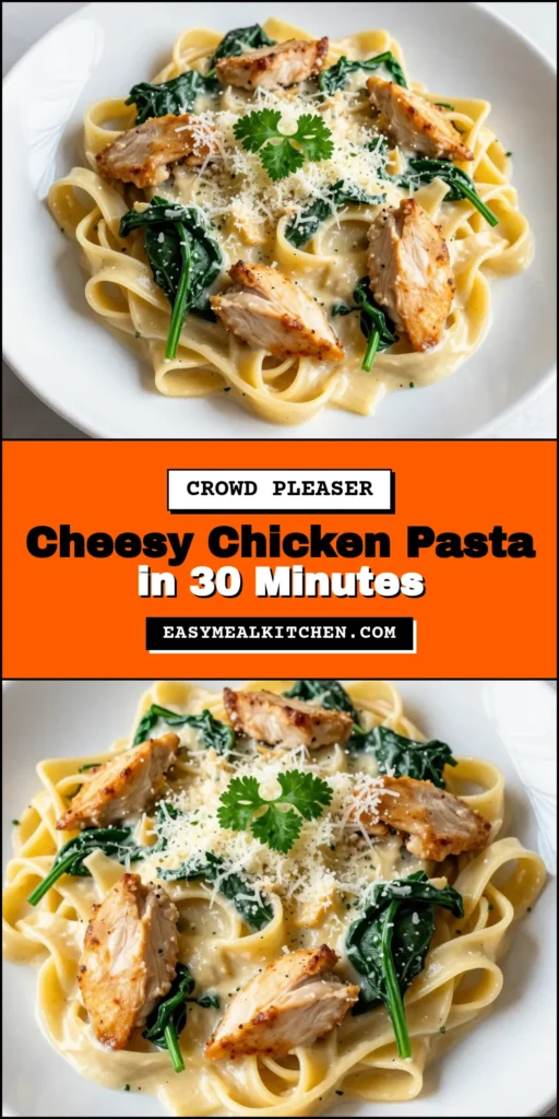 Discover the ultimate cheesy chicken pasta with this easy Garlic Parmesan pasta recipe! This creamy chicken fettuccine dish blends tender fettuccine and juicy chicken breasts, making it a satisfying meal your family will love. Plus, with fresh spinach added, it's a tasty and nutritious option. Ready in just 30 minutes! Save this easy pasta with spinach recipe for your next dinner! #CheesyChickenPasta #GarlicParmesanPasta #FettuccineChickenDish #CreamyChickenFettuccine