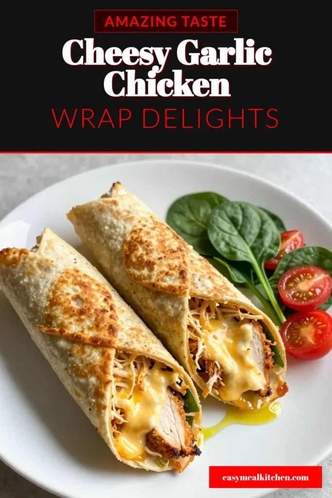 Discover the deliciousness of Cheesy Garlic Chicken Wraps with this easy chicken wrap recipe! Packed with creamy mozzarella, tender garlic chicken, and vibrant veggies, these easy cheesy wraps are perfect for a quick meal. Whether you're craving a flavorful dinner or a fun lunch, these garlic chicken tortilla wraps will satisfy your taste buds. Try this creamy mozzarella chicken wrap recipe today and elevate your mealtime! Save for later! #ChickenWrapRecipe #CheesyGarlicChickenWraps #EasyCheesyWraps #GarlicChickenTortillaWraps