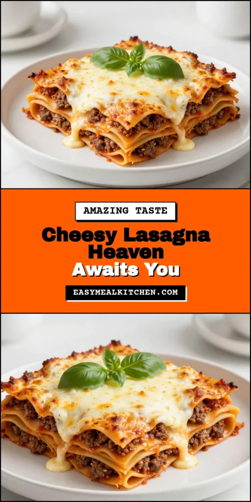 Looking for an easy cheesy lasagna recipe? Try this homemade lasagna featuring ground beef, ricotta, and gooey mozzarella! Layers of noodles and rich marinara come together for a scrumptious baked lasagna recipe that your family will love. Perfect for dinner gatherings or a cozy night in, this easy lasagna with ground beef is sure to satisfy. Save this delicious recipe for your next meal! #HomemadeLasagna #CheesyLasagna #BakedLasagna #EasyDinnerIdeas