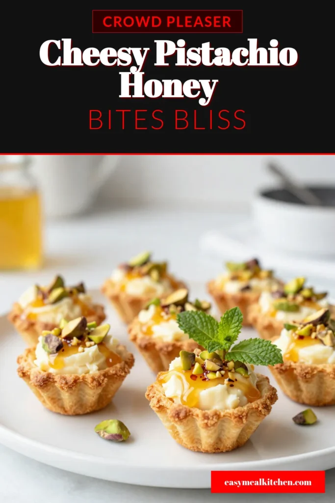 Discover the perfect Boursin cheese appetizer with these irresistible Boursin Pistachio Hot Honey Bites. This hot honey bites recipe features creamy Boursin cheese, crunchy pistachios, and flaky phyllo pastry cups, drizzled with a homemade spicy honey drizzle recipe that elevates every bite. Perfect for gatherings, these pistachio cheese bites are sure to impress. Try this easy phyllo pastry appetizer and save it now! #AppetizerIdeas #BoursinCheese #HotHoneyBites #PistachioRecipes