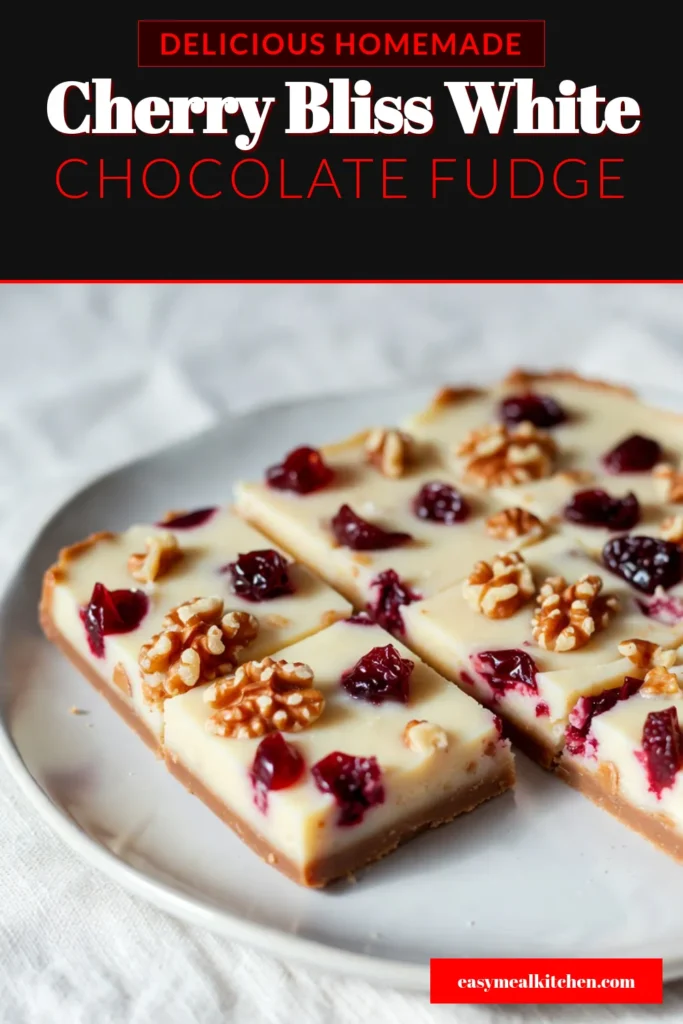 Indulge in this Cherry White Chocolate Fudge, the ultimate easy fudge recipe that's a delicious no-bake dessert! Made with creamy white chocolate, sweetened condensed milk, and dried cherries, this homemade chocolate fudge is a treat anyone can make. Perfect for sharing or enjoying alone, this dried cherry fudge recipe is a must-try. Save this recipe for a sweet surprise! #CherryFudge #NoBakeDessert #FudgeRecipe #HomemadeTreats