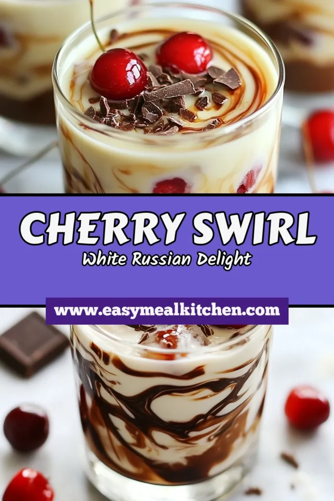 Indulge in the deliciousness of our Cherry Swirl White Russian, a creamy cherry cocktail that's perfect for any occasion! This Chocolate Cherry Cocktail features rich cherry juice, creamy non-dairy milk, and decadent chocolate syrup. Enjoy this delightful Cherry Juice Drink that’s simple to make and incredibly refreshing. Don’t miss out—save this recipe and treat yourself to a fabulous non-dairy cherry drink today! #CherryWhiteRussian #CreamyCherryCocktail #ChocolateCherry #CherryJuiceDrink