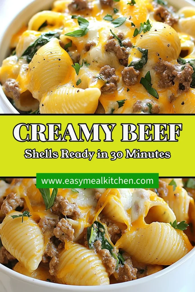 Indulge in this creamy beef pasta that’s perfect for family dinners! This easy beef pasta dish features large shell pasta enveloped in a rich and flavorful beef and shells recipe. Packed with cheesy goodness and fresh spinach, it's the ultimate comfort food recipe. Whip it up in just 30 minutes for a satisfying shell pasta dinner everyone will love. Save this recipe and enjoy a delightful meal tonight! #CreamyBeefPasta #PastaRecipes #ComfortFood #FamilyDinner