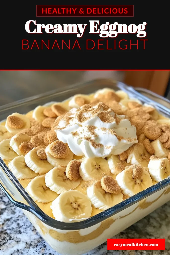 Indulge in the festive flavors of Eggnog Banana Pudding, the perfect addition to your holiday dessert recipes! This no-bake banana dessert combines creamy eggnog with fresh bananas and crunchy vanilla wafers for a delightful treat. Simple to make and a showstopper at any gathering, this banana pudding recipe is sure to please. Save and try this creamy eggnog dessert for a truly memorable holiday celebration. #EggnogBananaPudding #HolidayDesserts #BananaPuddingRecipe #NoBakeDesserts