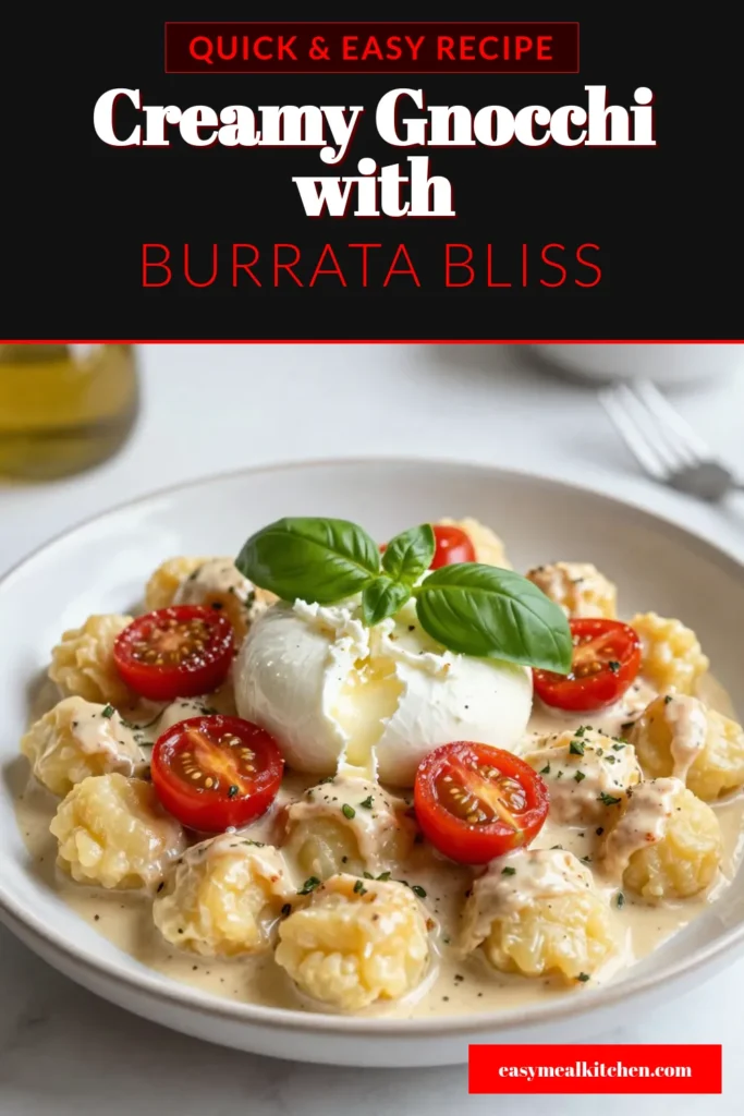 Indulge in this creamy tomato gnocchi with burrata that’s a must-try Italian gnocchi dish! This easy gnocchi recipe combines tender potato gnocchi with a rich tomato cream sauce and luscious burrata cheese, making it perfect for any occasion. Ready in just 25 minutes, it's a flavorful meal that will impress your family and friends. Save this delicious burrata cheese recipe for your next dinner! #CreamyTomatoGnocchi #EasyGnocchiRecipes #BurrataCheese #ItalianGnocchiDish