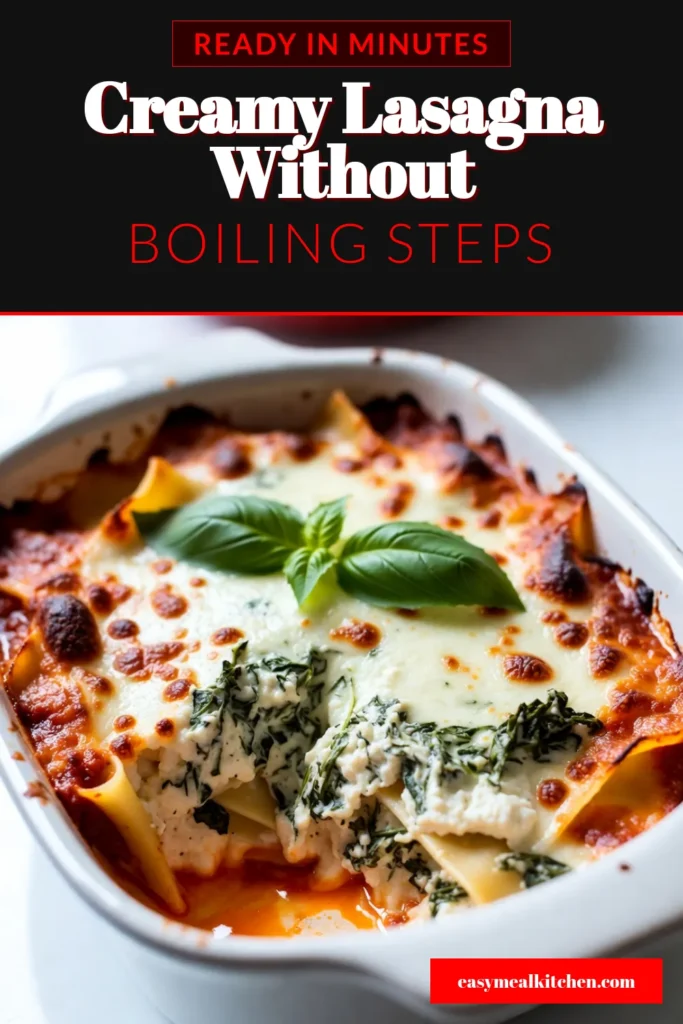 Discover the ultimate no boil lasagna recipe that is simple and delicious! This creamy lasagna with spinach features layers of ricotta, mozzarella, and marinara for a satisfying vegetarian lasagna dinner. Perfect for busy weeknights, this easy lasagna recipe is ready in under an hour. Delight your family with this quick lasagna with ricotta, and don’t forget to save this recipe for your next gathering! #NoBoilLasagna #VegetarianDinner #EasyLasagna #LasagnaRecipe