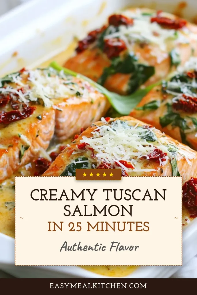 Looking for a quick yet indulgent dinner? This Creamy Tuscan Salmon recipe featuring succulent sun-dried tomatoes is your answer! Prepare a flavorful sun-dried tomato salmon dish in just 25 minutes, bursting with creamy goodness. Perfect for a healthy creamy salmon meal or an Italian salmon dinner. Add this easy salmon recipe with cream to your dinner rotation and impress your taste buds tonight! Save and try it now! #CreamyTuscanSalmon #HealthySalmonMeals #ItalianDinner #EasySalmonRecipes