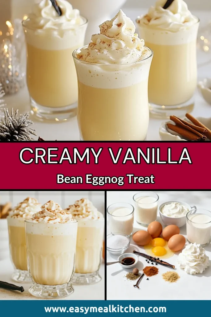 Indulge in the festive spirit with this delightful vanilla bean eggnog recipe, perfect for holiday gatherings! This homemade eggnog combines creamy eggnog with vanilla, rich milk, and spices for a luscious drink that everyone will love. Serve this creamy eggnog with a touch of whipped cream and nutmeg for an unforgettable festive eggnog drink. Don't miss out on this holiday eggnog recipe! Save now for your next celebration! #eggnog #holidaydrinks #festivedrinks #homemadecocktails