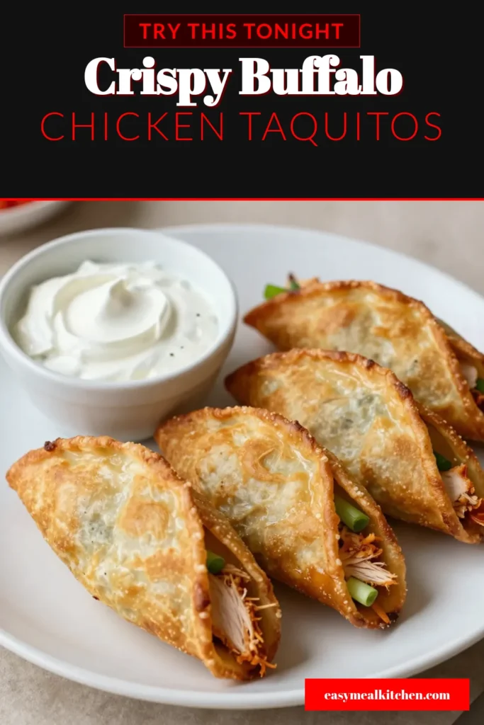 Looking for a delicious appetizer? Try this easy taquito recipe for Buffalo Chicken Taquitos! Perfectly crispy, these buffalo sauce appetizers are filled with tender shredded chicken, cream cheese, and cheddar. Bake or fry for the ultimate snack or party dish. Enjoy them with salsa and sour cream for dipping. Make your next gathering unforgettable with these mouthwatering buffalo chicken taquitos! Save this baked taquitos recipe now! #BuffaloChickenTaquitos #TaquitoRecipe #BuffaloSauceAppetizer #CrispyChickenTaquitos
