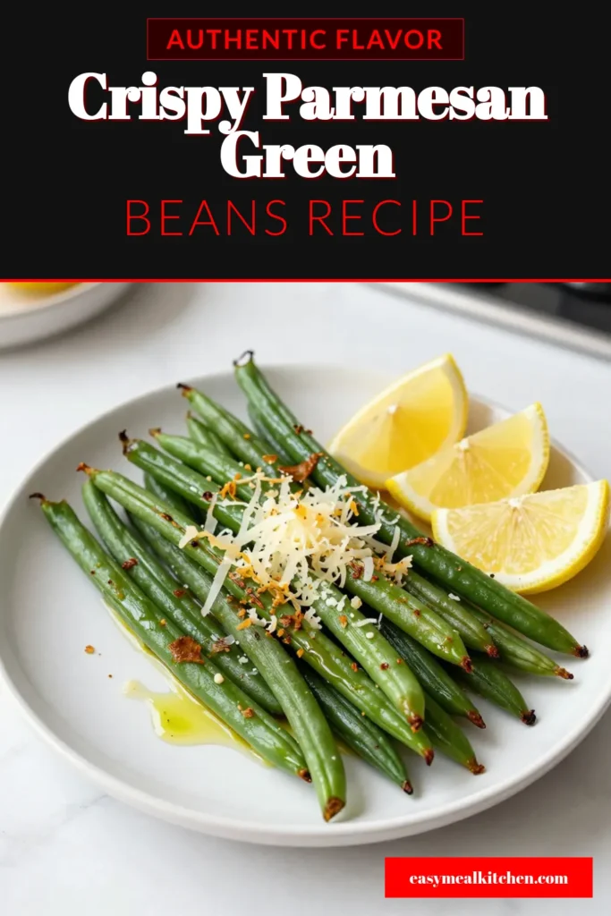 Elevate your dinners with these crispy roasted green beans! This Parmesan green bean recipe features oven roasted green beans tossed in olive oil, garlic powder, and Italian seasoning, then topped with melted Parmesan and fresh lemon zest for a zesty kick. Not only is this dish a healthy green bean side dish, but it's also a crowd-pleaser. Click to discover the full recipe and make these delicious green beans tonight! #GreenBeans #HealthyRecipes #SideDish #Parmesan