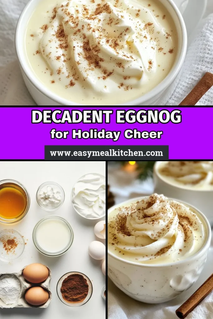 Delight your holiday celebrations with this festive eggnog recipe that's sure to impress! This homemade eggnog combines creamy eggnog with nutmeg for a rich and flavorful experience. Perfect for gatherings, this traditional eggnog recipe is easy to make and perfect for holiday eggnog drinks. Serve chilled in punch bowls with a whipped cream topping. Try this creamy delight and elevate your festive cheer! Save this recipe for your next holiday party! #Eggnog #HolidayDrinks #FestiveRecipe #CocktailIdeas