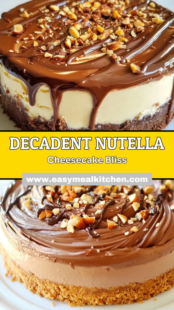 Indulge in the rich, velvety goodness of this ultra creamy Nutella cheesecake recipe, perfect for any chocolate lover. This easy cheesecake with Nutella is a no-bake dessert that combines smooth cream cheese and delicious Nutella for a decadent chocolate hazelnut treat. Impress friends and family with this simple, yet impressive dessert! Save this recipe for a delightful dessert experience. #NutellaCheesecake #EasyCheesecake #ChocolateHazelnut #NoBakeDessert