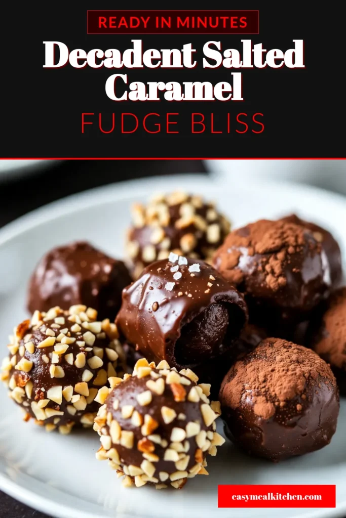 Indulge in these delicious salted caramel truffles that are perfect for any occasion! This easy fudge recipe combines rich chocolate fudge truffles with velvety salted caramel for a mouthwatering dessert. Making homemade truffles has never been simpler! With just a few ingredients, you can create a sweet treat that will impress everyone. Try this salted caramel fudge truffle recipe today! #SaltedCaramelTruffles #ChocolateFudgeTruffles #EasyFudgeRecipe #HomemadeTruffles
