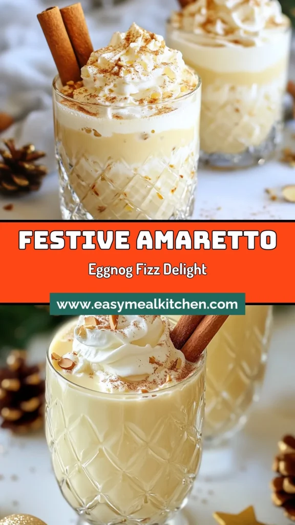 Indulge in the holiday spirit with this delightful Amaretto Eggnog recipe! This festive eggnog cocktail combines smooth, creamy eggnog with non-alcoholic amaretto syrup and a fizzy touch of sparkling water, making it the perfect holiday eggnog spritz. Easy to make and serve, this sparkling eggnog beverage is sure to impress your guests. Try it today and elevate your festive gatherings! #AmarettoEggnog #HolidayCocktail #EggnogSpritz #NonAlcoholicDrink