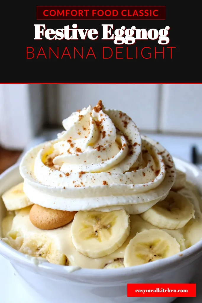 Indulge in the delightful flavors of Eggnog Banana Pudding, a festive banana dessert that's perfect for the holidays! This creamy banana pudding combines a homemade eggnog recipe with layers of sweet vanilla wafers and ripe bananas, creating a show-stopping holiday dessert. Easy to make and wonderfully delicious, this dessert will leave everyone asking for seconds. Save this recipe for your festive gatherings! #EggnogBananaPudding #HolidayDessertRecipes #FestiveBananaDessert #HomemadeEggnogRecipe