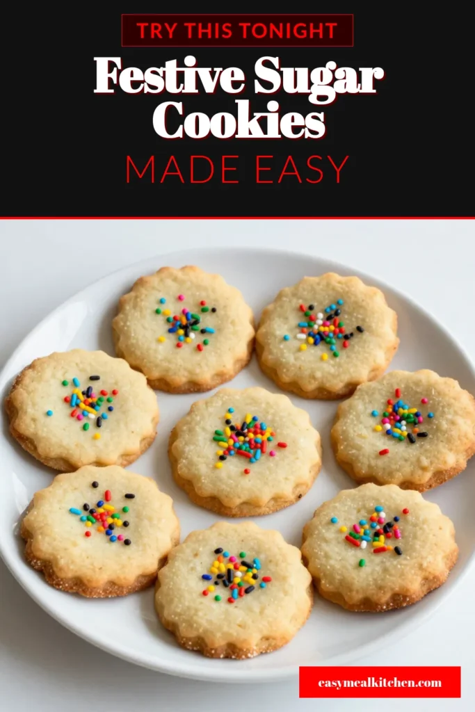 Create sweet festive sugar cookies this holiday season with this easy Christmas sugar cookies recipe. Enjoy making the best rolled sugar cookies that are perfect for holiday cookie decorations. This simple recipe features easy sugar cookie dough, and you can add colorful sprinkles for that extra sparkle. Get ready to delight your guests! Save this for your holiday baking inspiration! #ChristmasCookies #SugarCookies #HolidayBaking #FestiveTreats