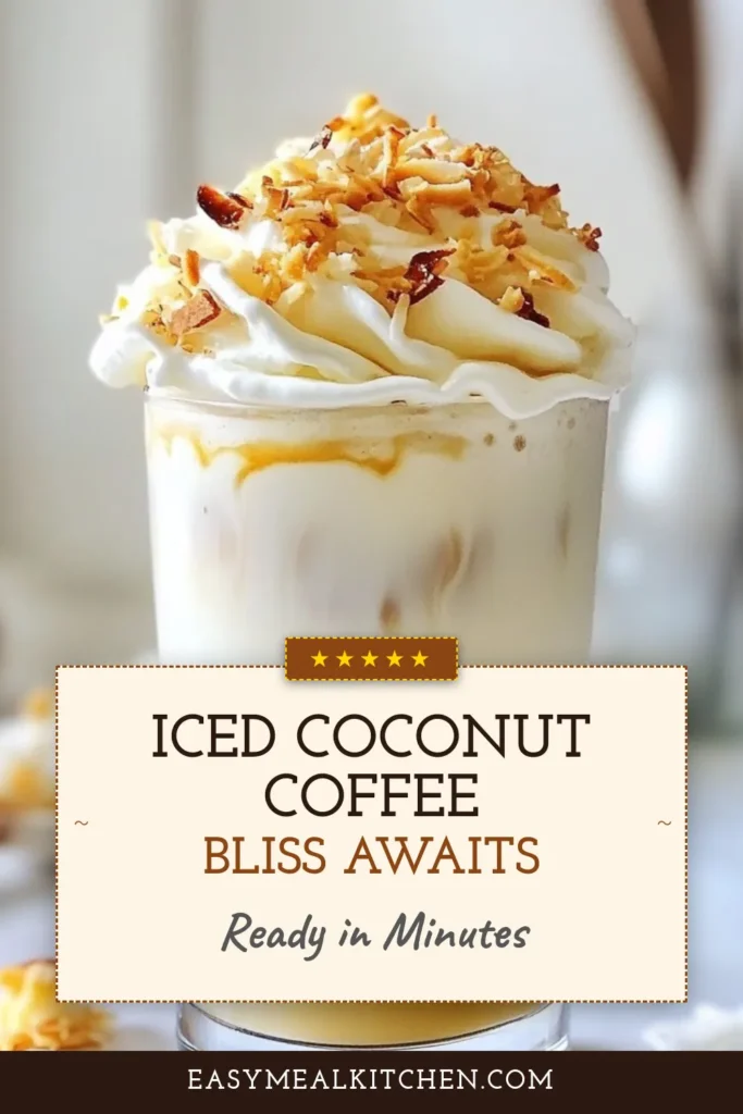 Indulge in a creamy coconut iced coffee that's perfect for any tropical vibe! This easy iced coffee recipe blends chilled brewed coffee with rich coconut milk for a luscious coconut milk coffee experience. Top it off with whipped cream and toasted coconut flakes for a dreamy creamy coffee dessert. Perfect for warm days, this spiked Baileys iced coffee will become your go-to delight. Try it now and savor the flavors! #IcedCoffee #CoffeeRecipe #TropicalDrink #CoconutMilk