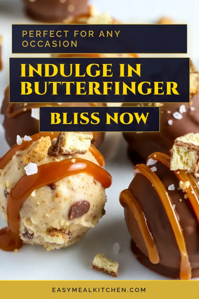 Indulge in the sweetness of these easy Butterfinger truffles with this no-bake truffles recipe! Combining the rich flavors of caramel and chocolate, these Butterfinger Caramel Crunch Truffles are the perfect treat for any occasion. Follow this simple chocolate candy recipe for a delightful dessert that will impress everyone. Don't miss out—save this recipe for your next gathering! #ButterfingerTruffles #NoBakeDesserts #EasyDessertRecipes #ChocolateCandyRecipes