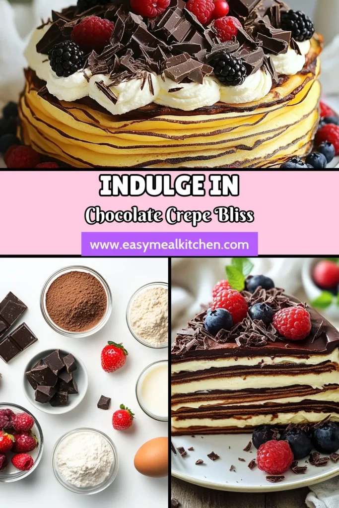 Indulge in the rich flavors of this chocolate mascarpone crepe cake, a decadent chocolate dessert that's a must-try! With an easy crepe cake recipe, you’ll create fluffy chocolate crepes layered with a creamy mascarpone filling dessert. Top with dark chocolate shavings and fresh berries for the perfect touch. Save this recipe and delight your friends and family at your next gathering! #ChocolateMascarpone #CrepeCake #DecadentDessert #EasyRecipes