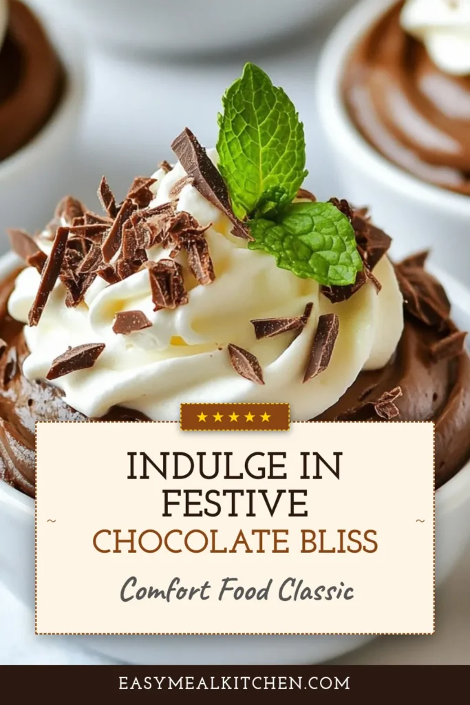 Indulge in these delightful Christmas chocolate mousse cups for the perfect festive dessert ideas this holiday season! This easy chocolate mousse recipe features rich dark chocolate, creamy whipped cream, and a touch of elegance. Perfect for any gathering, these decadent chocolate desserts are sure to impress your guests. Ready to whip up a batch? Save this delicious recipe for your holiday celebrations! #ChristmasChocolateMousse #DecadentChocolateDessert #HolidayChocolateMousseCups #EasyChocolateMousseRecipe
