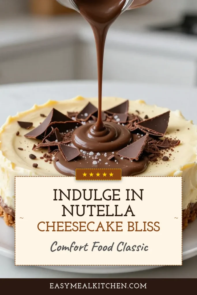 Indulge in this creamy Nutella cheesecake recipe, a decadent cheesecake dessert that's perfect for any occasion. This easy no-bake cheesecake combines rich chocolate cheesecake with Nutella for an unforgettable treat. With just a handful of simple ingredients, you can whip up this creamy Nutella dessert in no time! Don't miss out on this delicious experience—save the recipe now! #NutellaCheesecake #DessertRecipes #NoBakeCheesecake #ChocolateDessert