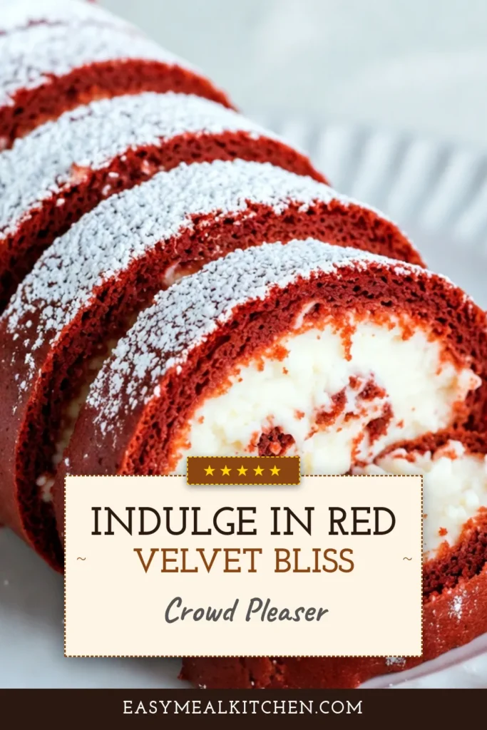 Indulge in this delightful Red Velvet Cake Roll with Cream Cheese Filling Recipe, perfect for any occasion! This easy red velvet dessert features a moist cake rolled with creamy filling, making it a festive cake roll everyone will love. Homemade red velvet cake has never been so simple! Impress your guests and add a touch of elegance to your dessert table. Save this recipe for your next celebration! #RedVelvetCakeRoll #CreamCheeseFilling #EasyRedVelvetDessert #FestiveCakeRoll