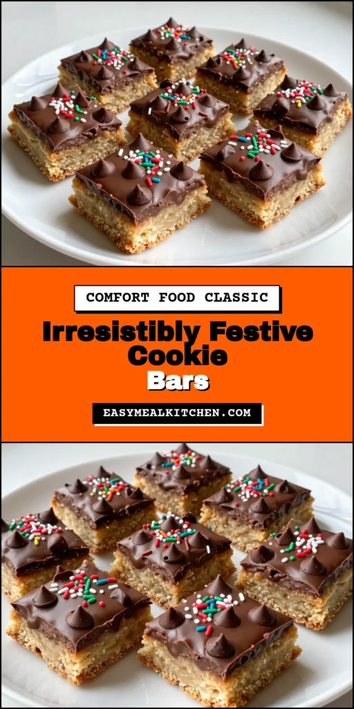 Satisfy your sweet tooth this holiday season with these delightful Christmas cookie bars! This festive cookie recipe combines chocolate chip cookie bars with colorful holiday sprinkles for an easy Christmas baking treat. Perfect for sharing at holiday gatherings or cozy nights in, these holiday dessert bars are sure to impress. Click to discover the full recipe and make your festivities sweeter! #ChristmasCookieBars #HolidayDessert #EasyBaking #FestiveCookies