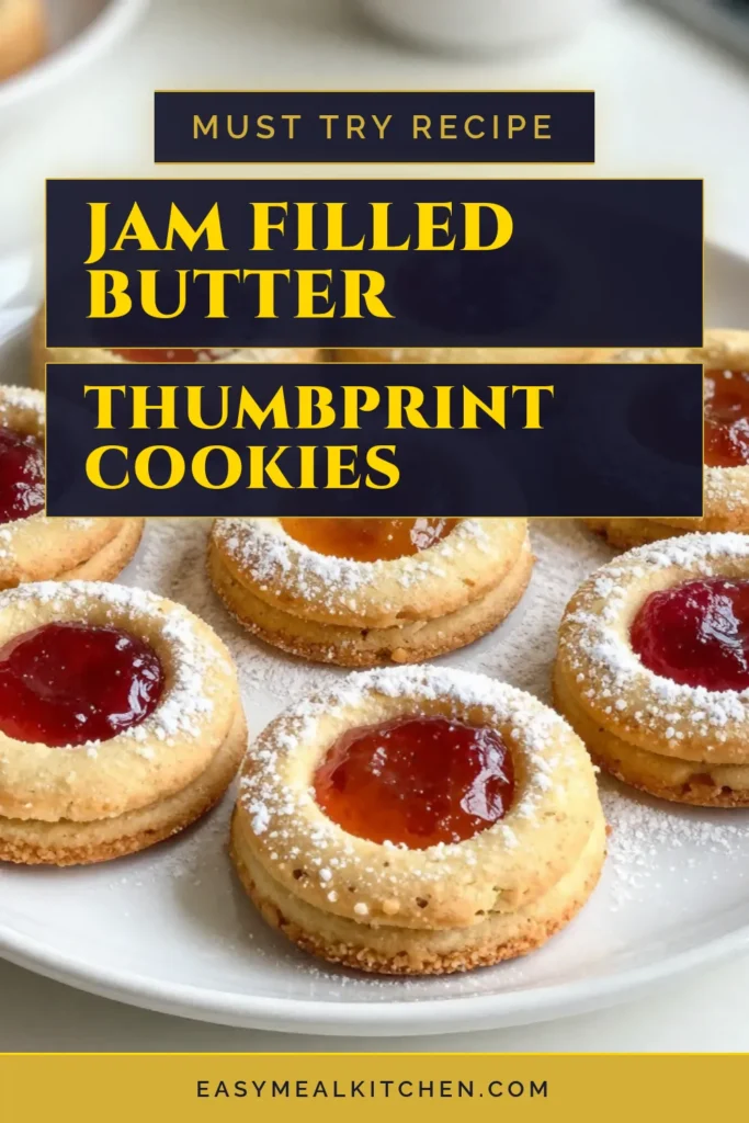 Indulge in these delightful butter thumbprint cookies, a simple and easy thumbprint cookie recipe perfect for any occasion. These homemade butter cookies feature delicious fruit jam, making them irresistible treats. Whether you choose raspberry, apricot, or strawberry, each thumbprint cookie with jam offers a delightful surprise. Try this recipe today and enhance your dessert table! Save it for later! #ButterThumbprintCookies #EasyThumbprintCookies #FruitJamCookies #HomemadeButterCookies
