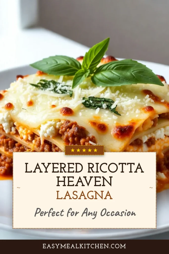 Indulge in this creamy ricotta lasagna recipe that's perfect for family dinners! This easy lasagna with ricotta features layers of rich homemade lasagna with beef and savory marinara sauce. Baked ricotta lasagna topped with melted mozzarella is sure to impress your guests. Discover how to create this delicious dish in under 75 minutes. Save this recipe for your next culinary adventure! #RicottaLasagna #EasyLasagna #HomemadeLasagna #CreamyRicottaCheese