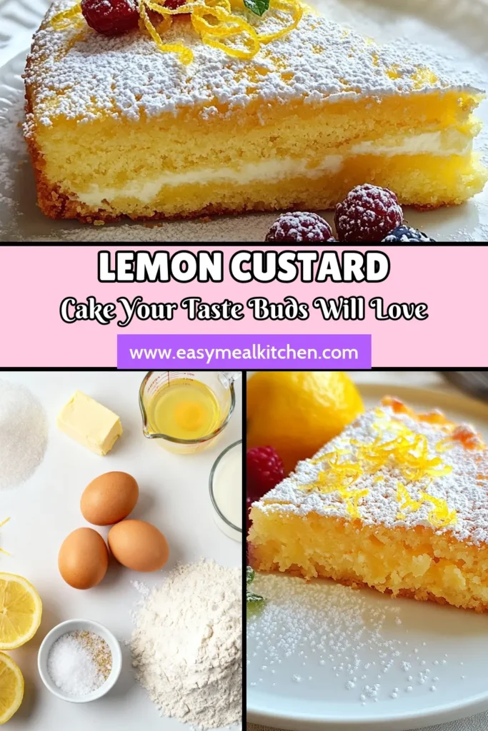 Savor the delightful taste of an Italian lemon custard cake with this easy lemon cake recipe! Perfect for any occasion, this homemade lemon cake is light, fluffy, and bursting with zesty flavor. Ideal for impressing guests or enjoying a sweet treat at home, this fluffy lemon dessert is sure to become a favorite. Get the recipe now and experience a slice of Italy! Save for later! #ItalianLemonCustardCake #LemonCustardCakeRecipe #EasyLemonCake #HomemadeLemonCake