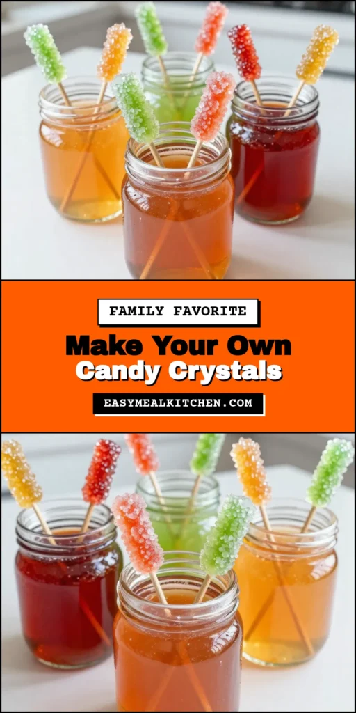 Create your own sweet crystal delights with this easy rock candy recipe! Homemade sugar crystals are not only aesthetically pleasing but also taste fabulous with flavored rock candy variations. This DIY candy recipe is perfect for gifts or a fun project with kids. Gather your ingredients and let the magic happen over a week. Don't forget to save this recipe for a delicious treat! #RockCandyRecipe #HomemadeSugarCrystals #DIYCandyRecipes #FlavoredRockCandy