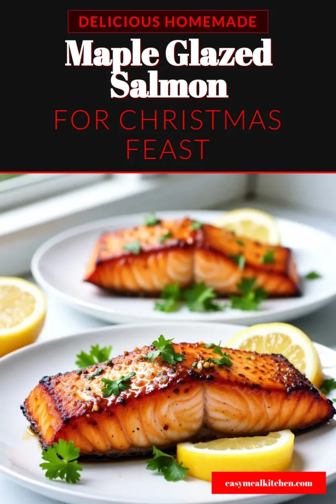 Add a festive touch to your holiday table with this easy maple glazed salmon recipe. This delicious Christmas salmon dish features salmon fillets baked to perfection with a sweet and tangy glaze made from maple syrup, Dijon mustard, and soy sauce. Perfect for holiday gatherings, this baked salmon with maple syrup will impress your guests. Try this easy salmon recipe for holidays and elevate your festive seafood recipes. Save this recipe for a flavorful Christmas meal! #MapleGlazedSalmon #ChristmasRecipes #SeafoodLovers #HolidayCooking