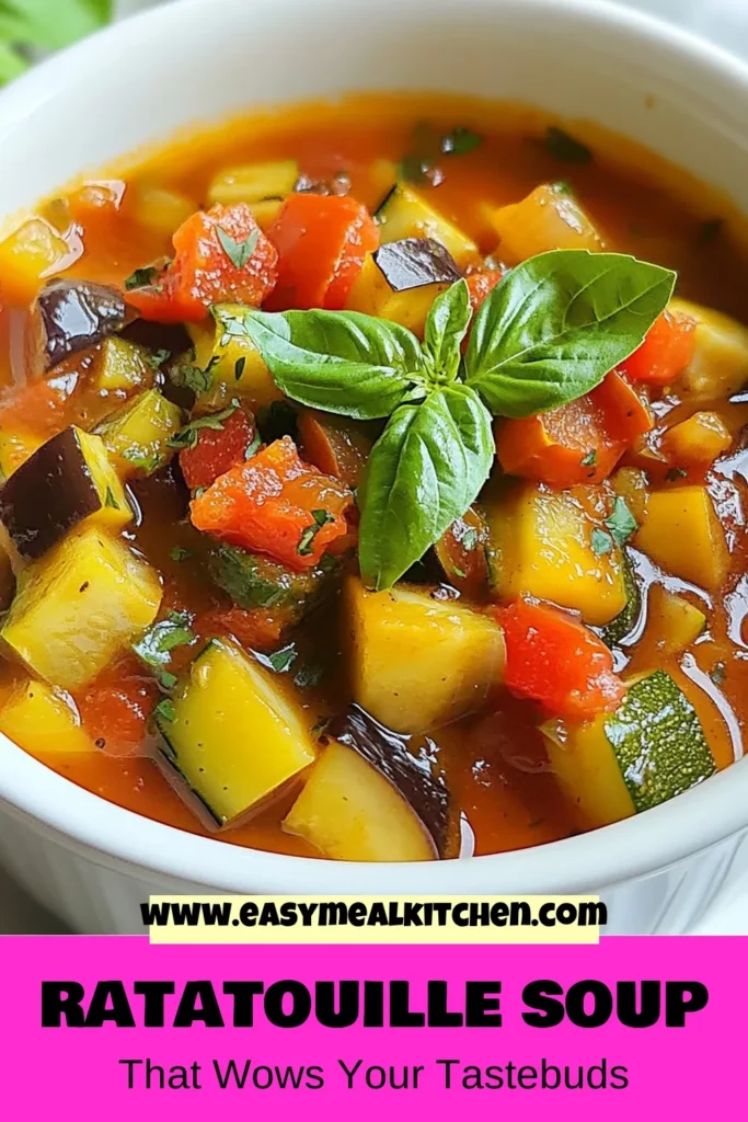 Discover the ultimate Ratatouille soup recipe with our Remy-style ratatouille that’s bursting with Mediterranean flavors! This vegetable ratatouille soup features eggplant and zucchini, bringing a healthy twist to your table. Perfect for cozy dinners or meal prep, this hearty dish is easy to make and full of nutrients. Don't miss out on this comforting eggplant zucchini soup—save this recipe for your next cooking adventure! #RatatouilleSoup #VegetableRatatouille #MediterraneanSoup #EggplantZucchiniSoup