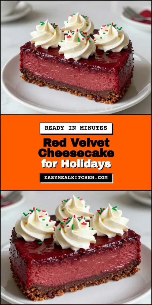 Indulge in the festive flavors of this Red Velvet Christmas Cheesecake, the perfect Holiday Dessert Idea for your celebrations! This rich and creamy Christmas Cheesecake Recipe features a beautiful red velvet batter and delightful cream cheese dessert topping. Impress your guests with this stunning, festive cheesecake that’s sure to be a hit. Try it now and make your holiday gatherings extra sweet! #RedVelvetCheesecake #ChristmasCheesecakeRecipe #HolidayDessertIdeas #FestiveCheesecake