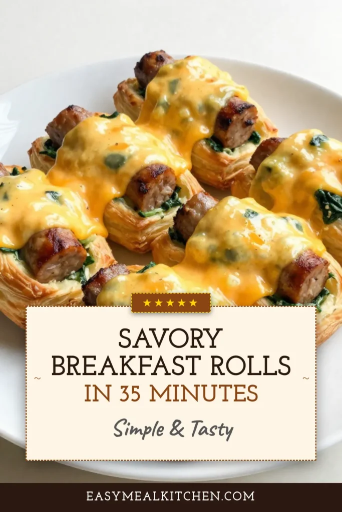 Start your day with these delicious Sausage Egg Breakfast Rolls, a must-try puff pastry breakfast recipe! Filled with savory sausage, cheesy goodness, and fresh spinach, these easy breakfast ideas are perfect for busy mornings. Enjoy baked sausage rolls that are crispy on the outside and warm inside. Make your breakfast special with these cheesy sausage egg rolls! Click to save this recipe! #BreakfastRecipes #SausageRolls #EasyBreakfast #PuffPastry