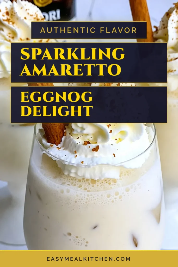 Elevate your holiday gatherings with this Amaretto Eggnog recipe! This festive drink is the perfect Christmas cocktail recipe, combining creamy eggnog with sparkling water for a refreshingly indulgent holiday eggnog spritz. Quick and easy to make, it’s garnished with whipped cream and nutmeg for extra cheer. Enjoy this sparkling eggnog drink at your next celebration. Save this recipe to try later! #AmarettoEggnog #HolidayCocktail #FestiveDrinks #ChristmasCocktail