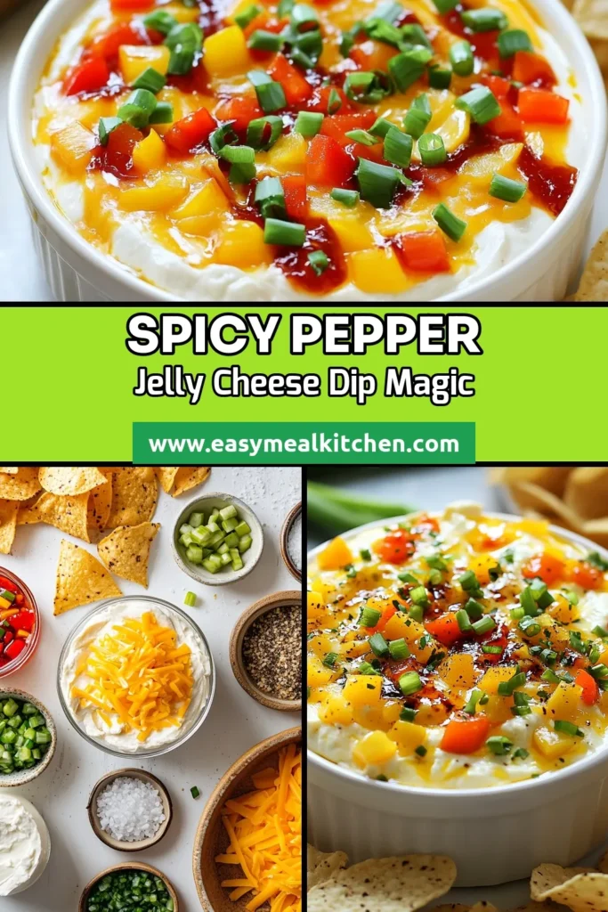 Looking for a quick party dip that packs a punch? Try this spicy cheese dip, featuring delicious pepper jelly for a creamy, flavorful appetizer! This easy cheese dip recipe combines softened cream cheese, sharp cheddar, and colorful bell peppers to create the ultimate pepper jelly dip that's perfect for any gathering. Serve it with tortilla chips for an irresistible treat. Save this recipe to impress your guests! #SpicyCheeseDip #PepperJellyDip #CreamyCheeseAppetizer #QuickPartyDip