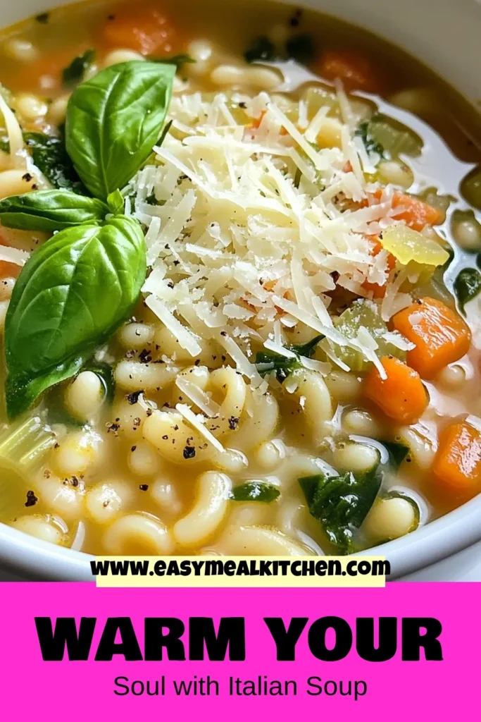 Warm up with this cozy Italian pastina soup, a delightful blend of fresh vegetables and tiny pasta that makes for an easy pastina recipe. This healthy Italian soup is perfect for any occasion and can be made in just 25 minutes! Enjoy the homemade pasta soup filled with spinach, carrots, and fragrant herbs. Save this recipe to bring a taste of Italy to your table tonight! #ItalianPastinaSoup #CozyVegetableSoup #EasyPastinaRecipe #HealthyItalianSoup