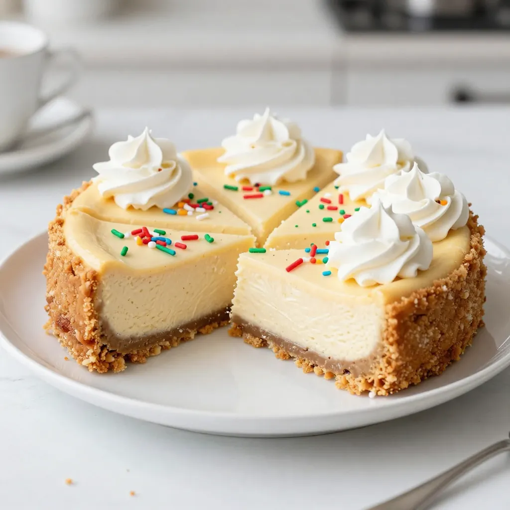 To make the Christmas Sugar Cookie Cheesecake, gather these ingredients: - 1 ½ cups sugar cookie crumbs (about 15-20 sugar cookies) - ½ cup unsalted butter, melted - 2 (8 oz) packages cream cheese, softened to room temperature - ¾ cup granulated sugar - 1 teaspoon vanilla extract - 2 large eggs - 1 cup sour cream - 1 teaspoon almond extract - ½ cup mini Christmas-themed sprinkles You can change some ingredients to suit your taste or needs: - Use gluten-free sugar cookies for a gluten-free option. - Swap cream cheese with mascarpone for a richer flavor. - Replace sour cream with Greek yogurt for a lighter choice. - Use a mix of vanilla and other extracts like peppermint for a festive twist. To make this cheesecake, you will need: - 9-inch springform pan - Mixing bowls - Electric mixer - Rubber spatula - Measuring cups and spoons - Oven and baking tray Each tool helps create the layers and textures you want in this delightful dessert. Happy baking! {{ingredient_image_2}} Start by preheating your oven to 325°F (160°C). Grab a 9-inch springform pan and grease it with non-stick spray or softened butter. This helps the cheesecake come out easily. In a medium bowl, mix 1 ½ cups of sugar cookie crumbs with ½ cup of melted unsalted butter. Stir until it looks like wet sand. Press this mixture firmly into the bottom of the pan. Make sure it's even. Bake the crust for 10 minutes, then let it cool while you make the filling. In a large bowl, beat together 2 packages of softened cream cheese and ¾ cup of granulated sugar. Use an electric mixer on medium speed until it's smooth and creamy. Add 1 teaspoon of vanilla extract and 1 teaspoon of almond extract. Mix well. Next, add 2 large eggs, one at a time. Mix on low speed after each egg. Scrape the bowl's sides as you go. Now, gently stir in 1 cup of sour cream until it blends smoothly. Finally, fold in ½ cup of mini Christmas-themed sprinkles. Pour the cheesecake filling over the cooled crust. Smooth the top with a spatula. Bake it in your preheated oven for 45-50 minutes. The edges should look set but the center should still jiggle a bit. After baking, turn off the oven and crack the door open. Let the cheesecake cool inside for about an hour. This step helps avoid cracks. Once cooled, transfer it to the refrigerator. Chill it for at least 4 hours, but overnight is best. Finally, remove the sides of the springform pan to reveal your beautiful cheesecake. When making cheesecake, I see the same mistakes often. First, avoid overmixing. Mixing too much can make the cheesecake dense. Second, always use room temperature cream cheese. Cold cream cheese will cause lumps. Lastly, don’t skip the cooling step. Letting your cheesecake cool slowly prevents cracks. For a creamy cheesecake, focus on mixing speed. Use medium speed after adding sugar. This keeps air out and avoids cracks. Fold in sour cream gently; it adds creaminess without making it too fluffy. Also, consider using a water bath. Place your springform pan in a larger pan filled with water. This helps the cheesecake bake evenly. To prevent cracks, let your cheesecake cool slowly. After baking, crack the oven door and let it sit for an hour. This gradual change in temperature helps. Also, avoid opening the oven door while baking. Sudden temperature changes can cause cracks. Lastly, chill your cheesecake overnight for best results. Pro Tips Chill the Cheesecake: For the best texture, allow your cheesecake to chill overnight. This helps the flavors meld and results in a creamier consistency. Use Room Temperature Ingredients: Make sure your cream cheese and eggs are at room temperature before mixing. This will ensure a smoother batter and prevent lumps. Prevent Cracks: To avoid cracks on the surface, allow the cheesecake to cool gradually in the oven with the door slightly ajar after baking. Decorative Touch: Add extra sprinkles or a festive garnish just before serving to enhance the visual appeal of your cheesecake! {{image_4}} You can change the flavor of your Christmas Sugar Cookie Cheesecake. For a chocolate twist, add ½ cup of cocoa powder to the cream cheese mix. You can also use different extracts. Peppermint extract adds a festive touch. Try replacing vanilla and almond extracts with orange or lemon for a citrus zing. Each flavor gives this cheesecake a unique taste that your family will love. If you need gluten-free options, use gluten-free sugar cookies for the crust. Many brands make gluten-free cookies that taste great. You can also make this cheesecake dairy-free. Substitute cream cheese with a vegan cream cheese. Use a dairy-free sour cream to keep the same creamy texture. This way, everyone can enjoy your delicious dessert. Presentation makes your cheesecake even more special. Serve slices on colorful holiday plates. Top with extra mini Christmas-themed sprinkles for a festive look. A dollop of whipped cream adds a creamy finish. You can also place a few fresh berries on the side for color. These small touches make your dessert stand out on any holiday table. Store your cheesecake in the fridge. Use an airtight container to keep it fresh. If you don't have one, cover it well with plastic wrap. This helps prevent it from drying out. Keep it in the coldest part of the fridge for best results. You can freeze your cheesecake if you want to keep it longer. First, let it cool completely. Then, wrap it tightly in plastic wrap. After that, place it in a freezer-safe bag. This prevents freezer burn and keeps flavors intact. To eat, thaw it in the fridge overnight. In the fridge, your cheesecake lasts about 5 to 7 days. If you freeze it, it stays good for up to 3 months. Just remember to check for any signs of spoilage before serving. Enjoy your tasty treat! Yes, you can use store-bought sugar cookie crumbs. These make the process easier and save time. Look for crumbs that are fine and not too chunky. You can find them in most grocery stores. Just measure out 1 ½ cups and mix them with melted butter as you would with homemade crumbs. If you need a substitute for cream cheese, consider using Greek yogurt. It can give a similar creamy texture. You can also use mascarpone cheese for a richer flavor. For a vegan option, look for vegan cream cheese. Adjust the sweetness if needed, as some substitutes may taste different. The cheesecake is done when the edges are set and the center is slightly jiggly. This slight jiggle indicates a creamy texture. To be sure, you can insert a toothpick in the center. If it comes out clean or with a few moist crumbs, it's ready. Always let it cool slowly in the oven to avoid cracks. This blog post outlined how to make a tasty Christmas Sugar Cookie Cheesecake. We covered the ingredients, from the complete list to smart substitutions. You learned step-by-step how to prep the crust and bake the cheesecake. I shared tips to avoid common mistakes and ensure a creamy texture. You also explored fun flavor variations and storage tips. Remember, this dessert can impress anyone during the holidays. Enjoy making this special treat with your loved ones!