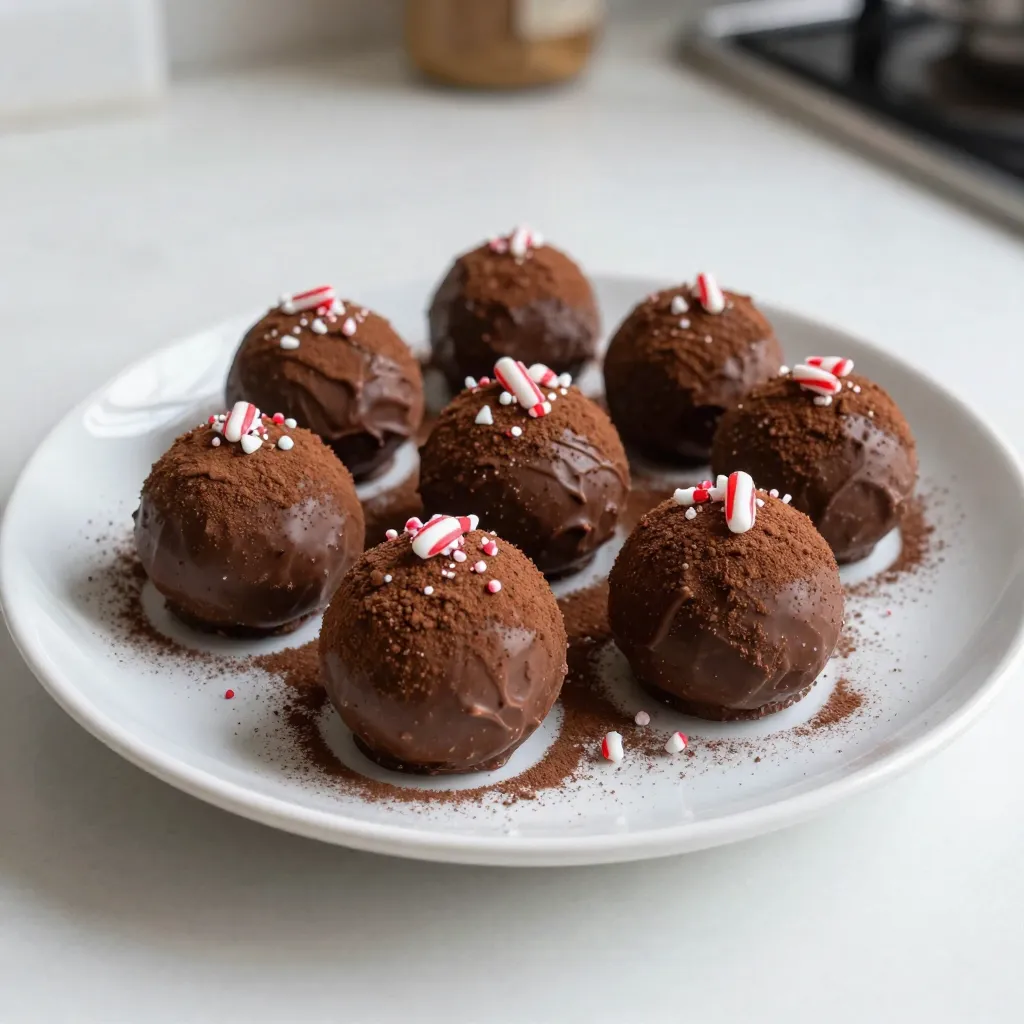 To make peppermint truffles, gather these simple ingredients: - 1 cup dark chocolate chips (minimum 70% cocoa) - 1/2 cup heavy cream - 1/4 teaspoon peppermint extract - 1/4 cup unsweetened cocoa powder - 1/4 cup crushed candy canes (plus extra for garnish) - A pinch of sea salt These items create a rich, minty flavor that makes each bite delightful. You can easily swap ingredients if needed. Here are some ideas: - Dark chocolate chips: Use semi-sweet chocolate chips for a sweeter taste. - Heavy cream: Try coconut cream for a dairy-free option. - Peppermint extract: Use mint extract if you want a stronger mint flavor. - Cocoa powder: Blend in powdered sugar for a sweeter finish. - Crushed candy canes: Use crushed nuts or sprinkles for a different crunch. These substitutions keep the truffles tasty while catering to your needs. Peppermint truffles may seem indulgent, but some ingredients offer health perks: - Dark chocolate: Rich in antioxidants. It can boost heart health and improve mood. - Heavy cream: Contains vitamins A and D, which support vision and skin health. - Peppermint: Aids digestion and can soothe headaches. - Cocoa powder: Lowers blood pressure and may improve brain function. - Candy canes: Add a bit of fun, though they are mostly sugar. Enjoy these treats knowing they include some health benefits! {{ingredient_image_2}} To make peppermint truffles, follow these steps closely. First, place 1 cup of dark chocolate chips in a heatproof mixing bowl. This makes melting easier. Next, heat 1/2 cup of heavy cream in a small saucepan. Watch it closely. Remove the cream when it simmers, not boiling. Pour the hot cream over the chocolate chips. Let it sit for 2 minutes. This helps the chocolate soften. After waiting, stir with a spatula or whisk until smooth. Add 1/4 teaspoon of peppermint extract and a pinch of sea salt. Stir well to blend everything together. Cover the bowl tightly with plastic wrap. Put it in the refrigerator for 2 hours. This chilling time firms up the mixture. Once it’s set, scoop small portions with a melon baller or teaspoon. Roll each scoop into a smooth ball with your hands. Finally, roll the truffles in 1/4 cup of unsweetened cocoa powder. For added fun, use crushed candy canes instead for half. Place the truffles on a baking sheet lined with parchment paper. Chill them again for 30 minutes to set. Melting chocolate can be tricky. Here are tips to do it right. Use a heatproof bowl to avoid burning the chocolate. When heating cream, do not let it boil. Boiling can ruin the texture. Always let the cream sit on the chocolate for 2 minutes. This helps the chocolate melt evenly. Stir gently, as rushing can cause clumping. If you have a microwave, use it in short bursts. Heat the chocolate in 15-second intervals. Stir after each interval. This helps prevent overheating. Chilling is key to perfect truffles. After mixing, cover the bowl tightly. Refrigerate for at least 2 hours. This firming time makes it easier to scoop. If the mixture is too soft, it can be hard to shape. After rolling into balls, chill again for 30 minutes. This helps them hold their shape. Store the truffles in a cool place to keep them firm. Avoid humidity for the best texture. When making peppermint truffles, avoid a few common mistakes. First, do not let your cream boil. If it boils, it can ruin the texture. Instead, heat it until just simmering. Second, be patient when mixing. Let the chocolate sit before stirring. This helps it melt smoothly. Lastly, don’t skip the chilling step. Chilling is crucial for shaping the truffles. Without it, the mixture will be too soft to handle. To get the perfect texture, focus on the chocolate-to-cream ratio. Use a cup of dark chocolate chips and half a cup of cream. This mix creates a rich, smooth base. Adding a pinch of sea salt enhances the chocolate flavor. Once mixed, chill the mixture well. Aim for a firm consistency, but not too hard. This balance makes rolling easier and ensures a creamy inside. Using the right tools can make your truffle-making easier. Here’s what I recommend: - Heatproof Mixing Bowl: Perfect for melting chocolate. - Small Saucepan: To heat the cream without boiling. - Spatula or Whisk: For mixing the chocolate and cream until smooth. - Melon Baller or Teaspoon: Great for scooping the chocolate mix. - Parchment Paper: Line your baking sheet to prevent sticking. These tools help you create truffles that look and taste amazing. Enjoy the process, and don’t rush! Pro Tips Use Quality Chocolate: Opt for high-quality dark chocolate with at least 70% cocoa for a richer flavor and smoother texture. Chill Thoroughly: Make sure to chill the chocolate mixture until it is firm enough to scoop, as this ensures the truffles hold their shape. Experiment with Coatings: Don’t hesitate to try other coatings such as crushed nuts or sprinkles for a unique twist on the classic truffle. Gift-Worthy Presentation: Pack the truffles in a decorative box or jar with a festive ribbon to make a delightful homemade gift. {{image_4}} You can easily make vegan peppermint truffles. Swap the heavy cream for coconut cream. Use dark chocolate that is dairy-free. Follow the same steps as the original recipe. The taste will still be rich and minty. Good news! The peppermint truffles are gluten-free. The main ingredients are chocolate, cream, and cocoa powder. Always check labels on the chocolate and cocoa. Some brands may add gluten. This way, everyone can enjoy these treats! Want to mix it up? Add different flavors! Try orange zest for a citrus twist. You can also use almond or hazelnut extract. This adds a new layer to your truffles. Each flavor brings a fun surprise. Experiment and find your favorite! To keep your peppermint truffles fresh, store them in an airtight container. You can place parchment paper between layers. This will prevent them from sticking together. Keep the container in the fridge. The cool temperature will help maintain their texture and flavor. If you want to save some truffles for later, freezing works well. First, place the truffles in a single layer on a baking sheet. Freeze them for about one hour. Once firm, transfer them to an airtight container or freezer bag. Be sure to label the bag with the date. They can last up to three months in the freezer. Peppermint truffles can last about one week in the fridge. For the best taste, enjoy them within this time. To keep them tasting fresh, avoid leaving them out at room temperature for too long. If you notice any changes in texture or smell, it’s best to discard them. Yes, you can make peppermint truffles ahead of time. In fact, they taste even better after resting. Once you shape the truffles, store them in an airtight container in the fridge. They can last up to two weeks. This makes them great for parties or holiday gifts. Just remember to let them sit at room temperature for a bit before serving. This helps bring out their rich flavor. I recommend using dark chocolate chips with at least 70% cocoa. This chocolate has a deep flavor that pairs well with peppermint. The high cocoa content also gives the truffles a rich and smooth texture. If you prefer a sweeter taste, you can use semi-sweet chocolate, but avoid milk chocolate. It may make the truffles too sweet and mask the peppermint flavor. You can find peppermint truffles at many local candy shops, gourmet stores, or online. Look for stores that specialize in chocolates and confections. If you want to try making them at home, follow the recipe above. It’s simple and fun! Making your own allows you to control the flavor and quality of the ingredients. Plus, they make a wonderful gift for friends and family. In this article, we explored all about peppermint truffles. You learned the key ingredients and their health benefits. We shared easy steps for making truffles and tips for avoiding common mistakes. Plus, we covered tasty variations and how to store them. Making peppermint truffles can be fun and rewarding. With these guides, you can create yummy treats for any occasion. Enjoy the process and share your creations with others. Happy truffle-making!