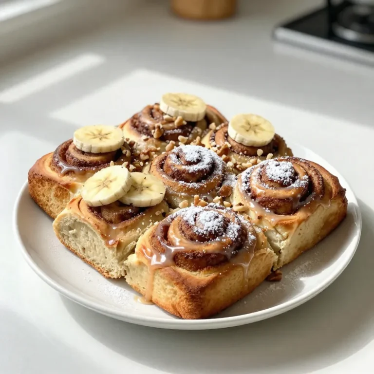 To make these delicious rolls, you need some key ingredients. Here’s what you will need: - 2 ripe bananas, well-mashed - 1/3 cup unsalted butter, melted - 1/2 cup packed brown sugar - 1 large egg - 1 teaspoon pure vanilla extract - 1 teaspoon baking soda - 1/4 teaspoon fine sea salt - 1 teaspoon ground cinnamon - 1 1/2 cups all-purpose flour - 1/4 cup walnuts, chopped (optional) These ingredients create a soft and moist dough, perfect for cinnamon rolls with a banana twist. The filling brings sweet, warm flavors to the rolls. You will need: - 1/4 cup packed brown sugar - 2 teaspoons ground cinnamon - 2 tablespoons unsalted butter, softened This mix gives the rolls a delightful cinnamon and sugar flavor that pairs well with the bananas. The glaze adds a sweet finish to your rolls. For the glaze, gather: - 1 cup powdered sugar - 2 tablespoons milk - 1/2 teaspoon pure vanilla extract This simple glaze will make your rolls look and taste even better. Drizzle it over the warm rolls for a lovely touch. {{ingredient_image_2}} Start by preheating your oven to 350°F (175°C). This helps the rolls bake evenly. Lightly grease a 9x9-inch baking dish and set it aside. In a large bowl, mash the ripe bananas well. Make sure they are smooth. Then, add the melted butter to the bananas. Stir until they blend together nicely. Next, mix in the packed brown sugar, egg, and vanilla extract. Stir it all until the batter is smooth. In a separate bowl, whisk together the baking soda, fine sea salt, ground cinnamon, and all-purpose flour. Gradually add this dry mix to the banana mixture. Stir gently until just combined. If you want, fold in the chopped walnuts for a nice crunch. On a lightly floured surface, roll out the dough into a rectangle. Aim for about 1/4 inch thick. This thickness helps the rolls bake well. Next, take softened butter and spread it evenly over the dough. In a small bowl, mix the brown sugar and ground cinnamon. Evenly sprinkle this mixture over the buttered dough. Now, starting from one edge, roll the dough tightly into a log shape. Slice the log into 1-inch thick rolls. Arrange the rolls cut side up in the prepared baking dish. Make sure they fit snugly together. Place the baking dish in the preheated oven. Bake the rolls for about 25-30 minutes, or until they are golden brown. While the rolls bake, prepare the glaze. In a bowl, whisk together powdered sugar, milk, and vanilla extract. Continue until you reach a smooth consistency. Once the rolls are done baking, drizzle the glaze over them while they are still warm. This allows the glaze to seep into the rolls. Enjoy the warm, sweet aroma that fills your kitchen! To get the right dough, mix your wet and dry parts well. Make sure your bananas are very ripe. This helps the dough stay moist and sweet. When you mix the flour in, do not overdo it. Just mix until you do not see dry flour. This keeps your rolls soft and fluffy. For extra flavor, add a pinch of salt. It makes the sweetness pop. You can also toss in chopped walnuts for crunch. They give a nice bite to the soft rolls. Make sure to use fresh cinnamon. Fresh spices can really boost the taste. Serve these rolls warm for the best experience. Drizzle some extra glaze on top for sweetness. You can also add fresh banana slices or extra walnuts as a garnish. Pair them with a cup of coffee or tea. This makes for a perfect treat any time of day. Pro Tips Use Ripe Bananas: The riper the bananas, the sweeter and more flavorful your cinnamon rolls will be. Look for bananas with plenty of brown spots for the best results. Roll Evenly: When rolling out the dough, ensure it's an even thickness for uniform baking. This will help each roll cook evenly and maintain a consistent texture. Don’t Overmix: When combining the wet and dry ingredients, mix until just combined. Overmixing can lead to dense rolls instead of fluffy ones. Serve Warm: These cinnamon rolls are best enjoyed fresh out of the oven. The glaze melts beautifully into the warm rolls, enhancing the overall experience. {{image_4}} If you want nut-free rolls, just skip the walnuts. This keeps the rolls soft and safe for those with nut allergies. The bananas give enough flavor, so you won’t miss them. The texture will still be great, and your rolls will be just as moist and tasty. For a rich twist, use cream cheese as the filling. Mix 4 ounces of softened cream cheese with 1/4 cup of sugar and 1 teaspoon of vanilla. Spread this mix on the dough instead of butter. This will add a creamy layer that pairs well with the banana flavor. You will love the extra richness. Want a fun twist? Add chocolate chips or dried fruits. Mix in 1/2 cup of chocolate chips or your favorite dried fruits like raisins or cranberries into the dough before rolling. This adds a sweet surprise in each bite. The chocolate pairs great with the cinnamon too. To keep your banana bread cinnamon rolls fresh, let them cool first. Place them in an airtight container. You can store them at room temperature for up to two days. For longer storage, put them in the fridge. They will stay good for about a week in the fridge. Always keep them sealed to avoid drying out. When you're ready to enjoy your rolls again, reheating is easy. Preheat your oven to 350°F (175°C). Place the rolls on a baking sheet and cover them with foil. Heat for about 10-15 minutes until warm. You can also microwave a roll for about 20-30 seconds. This method works well if you want a quick treat. If you want to save some rolls for later, freezing is a great option. Wrap each roll tightly in plastic wrap. Then, place them in a freezer-safe bag. They will stay fresh for up to three months in the freezer. When you're ready to eat them, let them thaw in the fridge overnight. Reheat them as mentioned above for the best taste. This way, you can enjoy banana bread cinnamon rolls anytime! Yes, you can use frozen bananas. Just thaw them first. Drain any excess liquid after thawing. Then, mash them well. Frozen bananas work great in this recipe. They give your rolls a moist texture. You can use white sugar instead. Just add a little molasses for flavor. For every cup of brown sugar, mix in one tablespoon of molasses. This will give the same rich taste. You can also try coconut sugar for a healthier option. Check for a golden brown color on top. The rolls should feel firm yet soft to touch. You can insert a toothpick in the center. If it comes out clean, the rolls are done. Enjoy the delicious smell that fills your kitchen! This blog post showed you how to create delicious banana bread cinnamon rolls. We covered the essential ingredients, filling options, and glaze recipes. You learned specific steps for prepping, rolling, and baking your rolls. Plus, we shared tips to perfect your dough and enhance flavor. Don't forget about fun variations and storage advice for later. Now, you can impress friends and family with your tasty treats. Enjoy baking and sharing your delicious results!